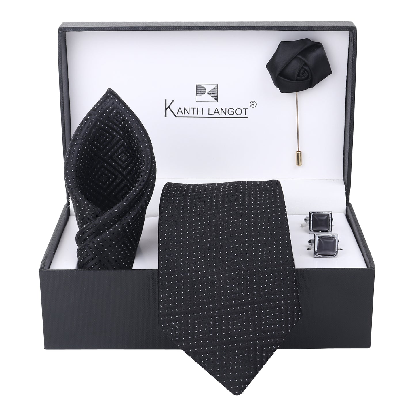 Kanthlangot Black Diamond Dot Tie Set with Pocket Square, Cufflinks & Lapel Pin – Set of 4