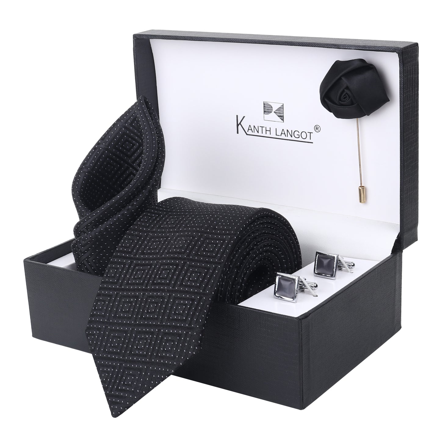 Kanthlangot Black Diamond Dot Tie Set with Pocket Square, Cufflinks & Lapel Pin – Set of 4