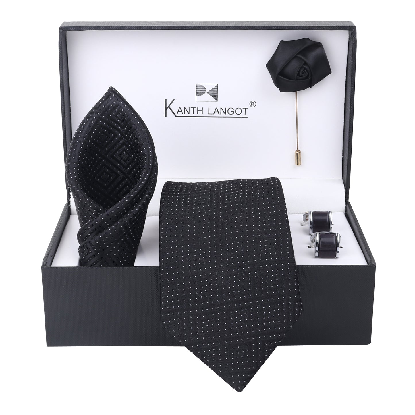 Kanthlangot Black Micro Dot Tie Set with Pocket Square, Cufflinks & Lapel Pin – Set of 4