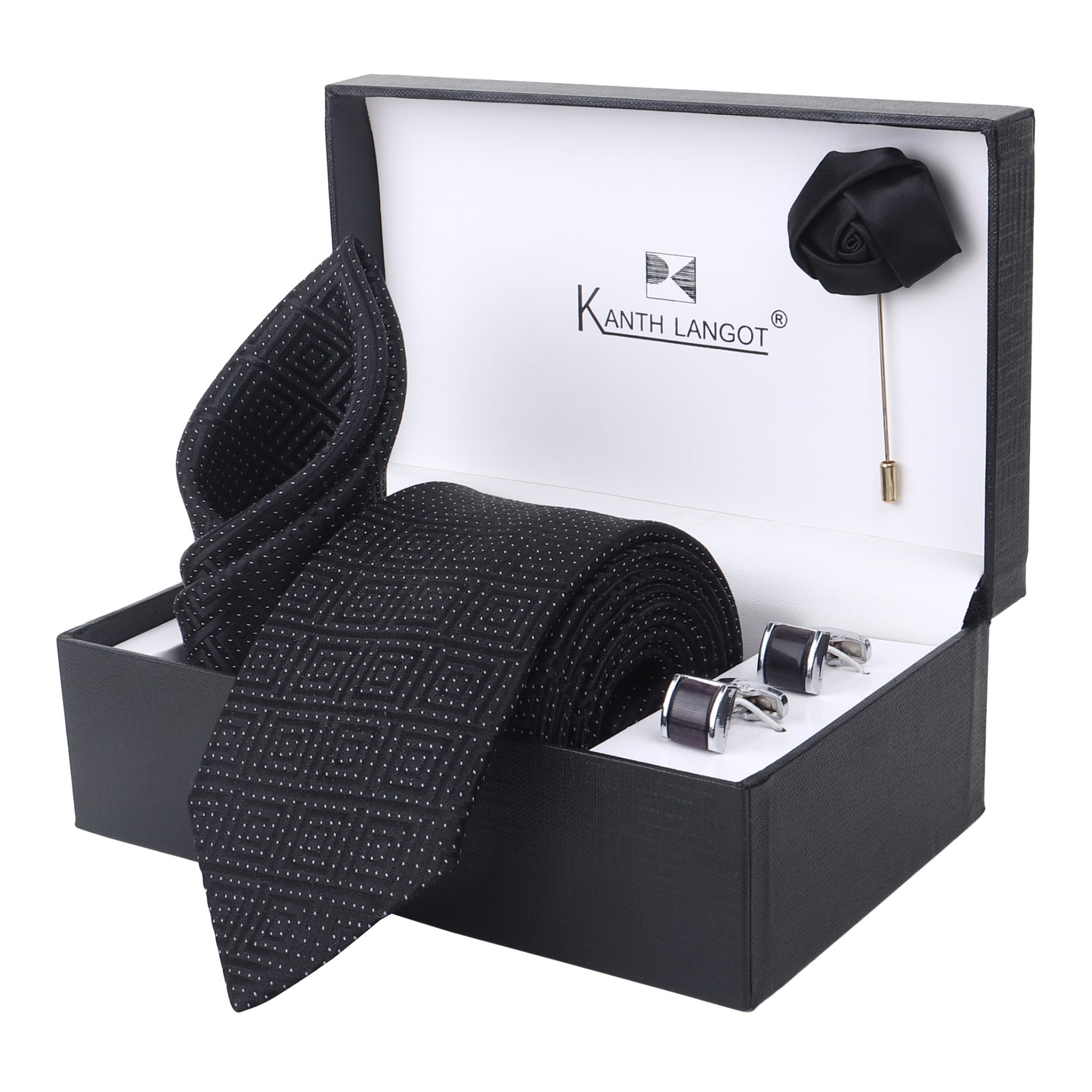 Kanthlangot Black Micro Dot Tie Set with Pocket Square, Cufflinks & Lapel Pin – Set of 4