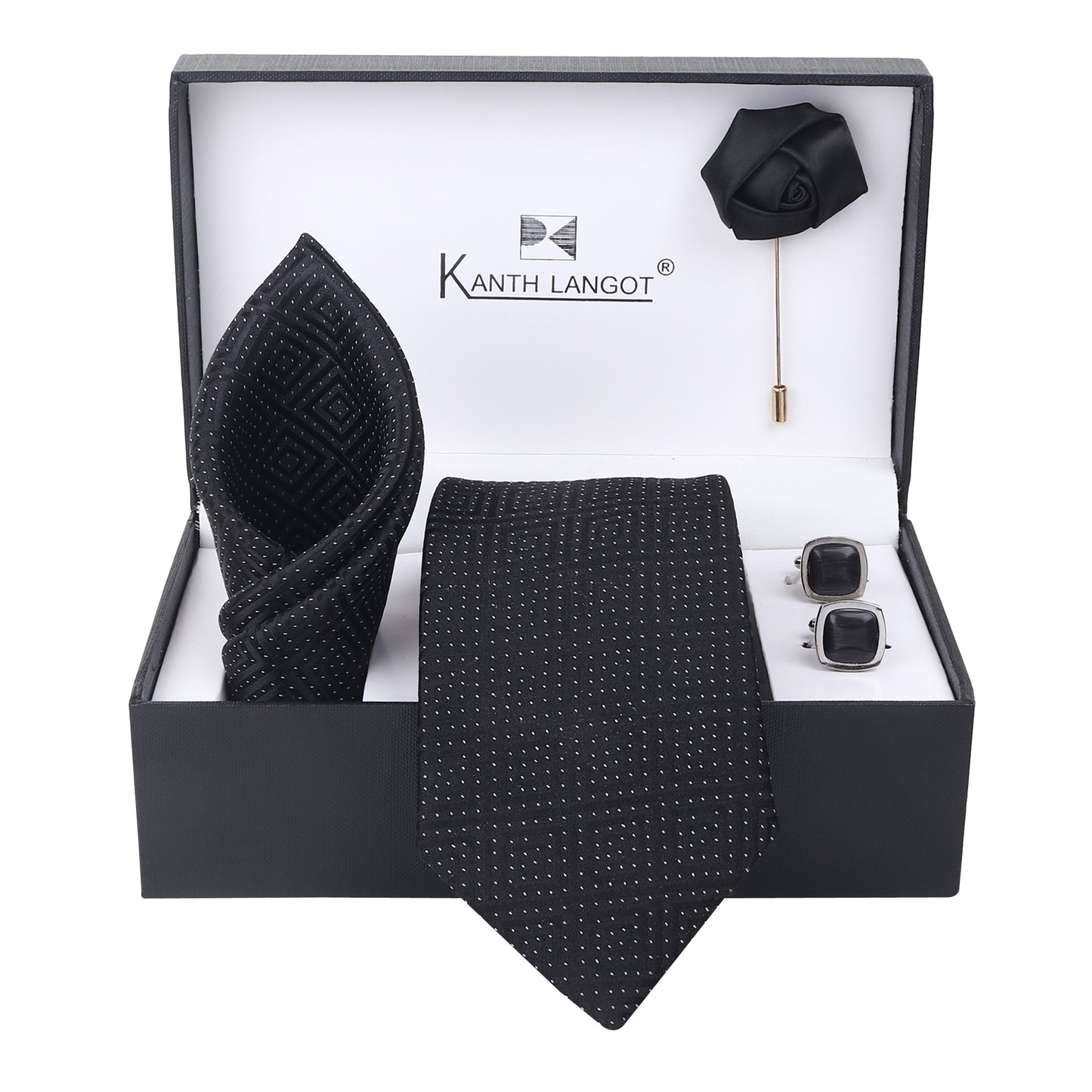 Kanthlangot Textured Black Tie Set with Pocket Square, Cufflinks & Lapel Pin – Set of 4