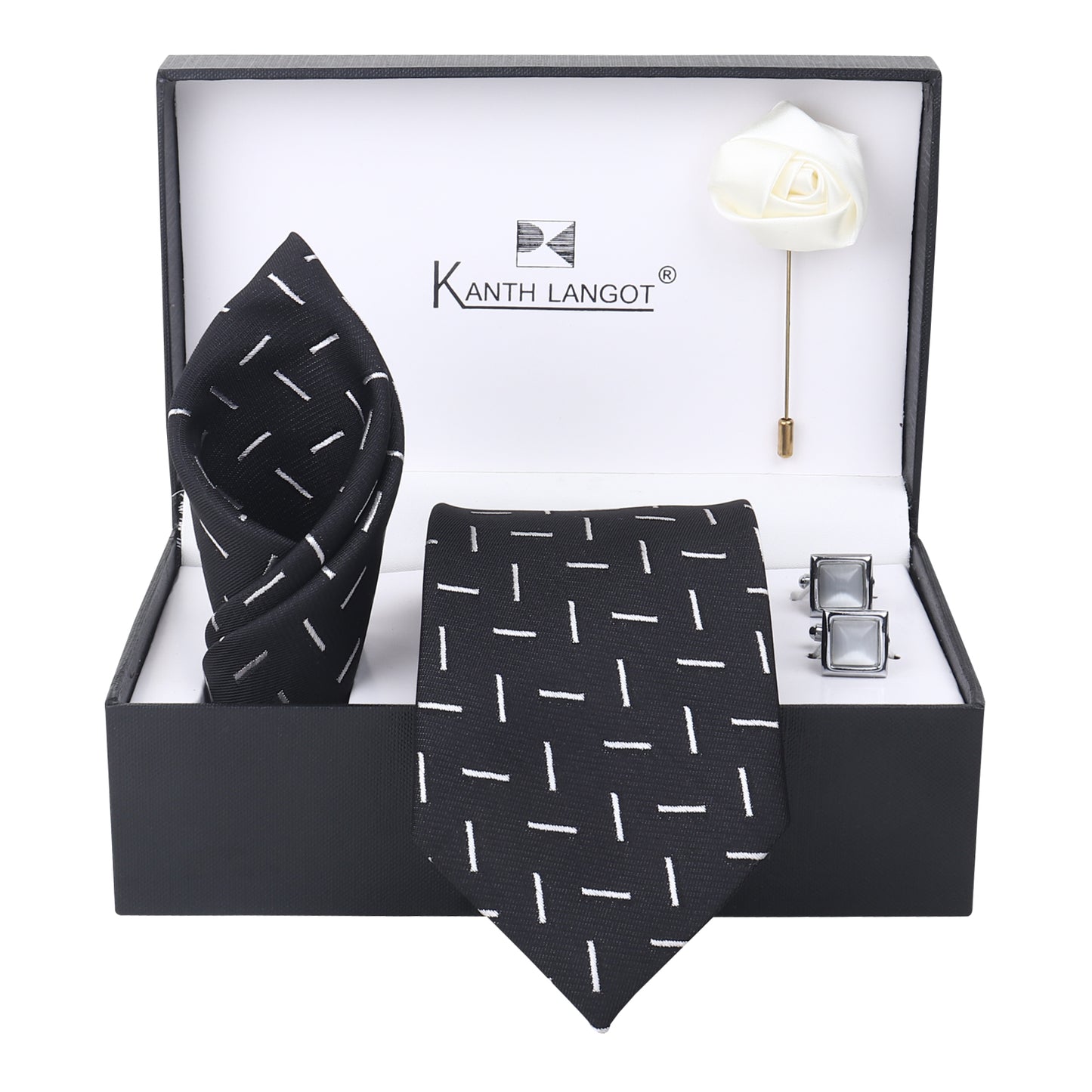 Kanthlangot Modern Black Tie Set with Pocket Square, Cufflinks & Lapel Pin – Set of 4