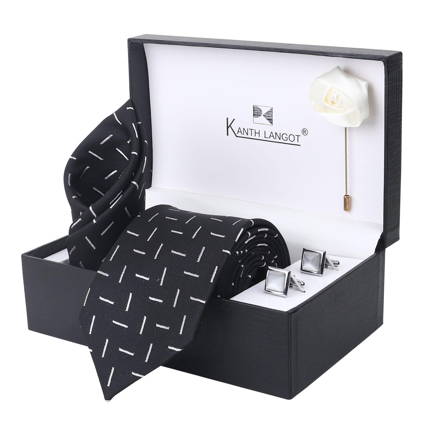 Kanthlangot Modern Black Tie Set with Pocket Square, Cufflinks & Lapel Pin – Set of 4