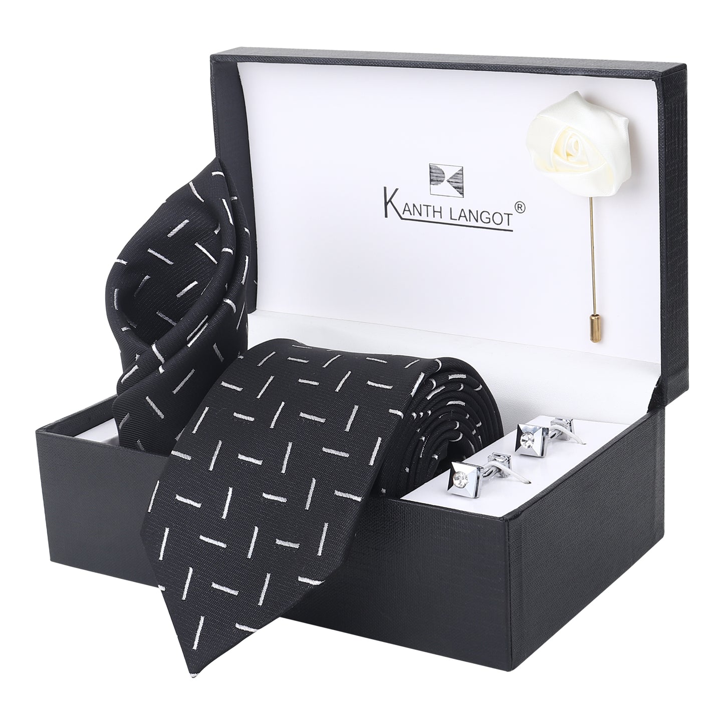 Kanthlangot Linear Dash Black Tie Set with Pocket Square, Cufflinks & Lapel Pin – Gift Box of 4