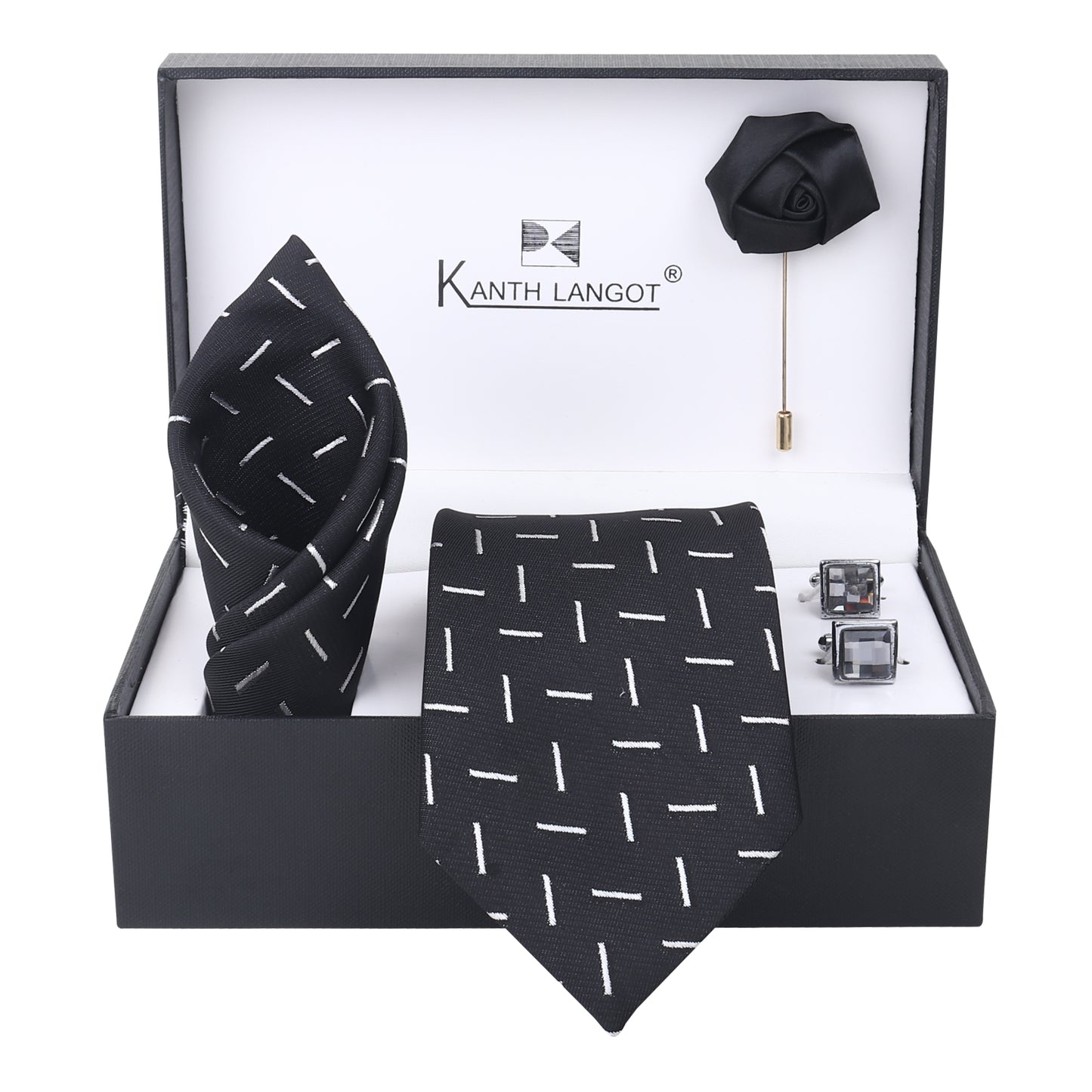 Kanthlangot Bold Black Tie Set with Pocket Square, Cufflinks & Black Lapel Pin – 4-in-1 Men’s Gift Box