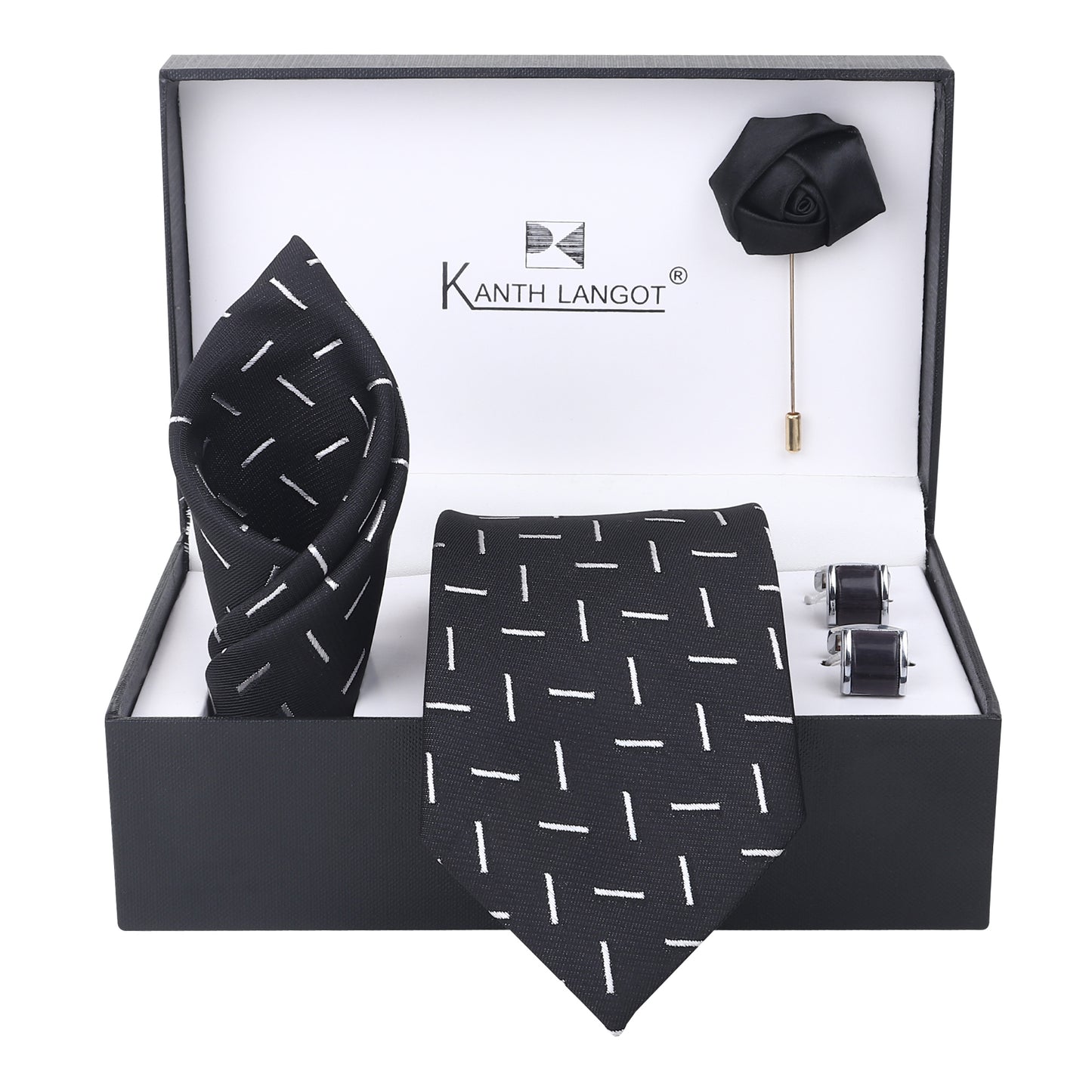 Kanthlangot Black Dash Pattern Tie with Pocket Square, Cufflinks & Lapel Pin – 4-Piece Gift Set