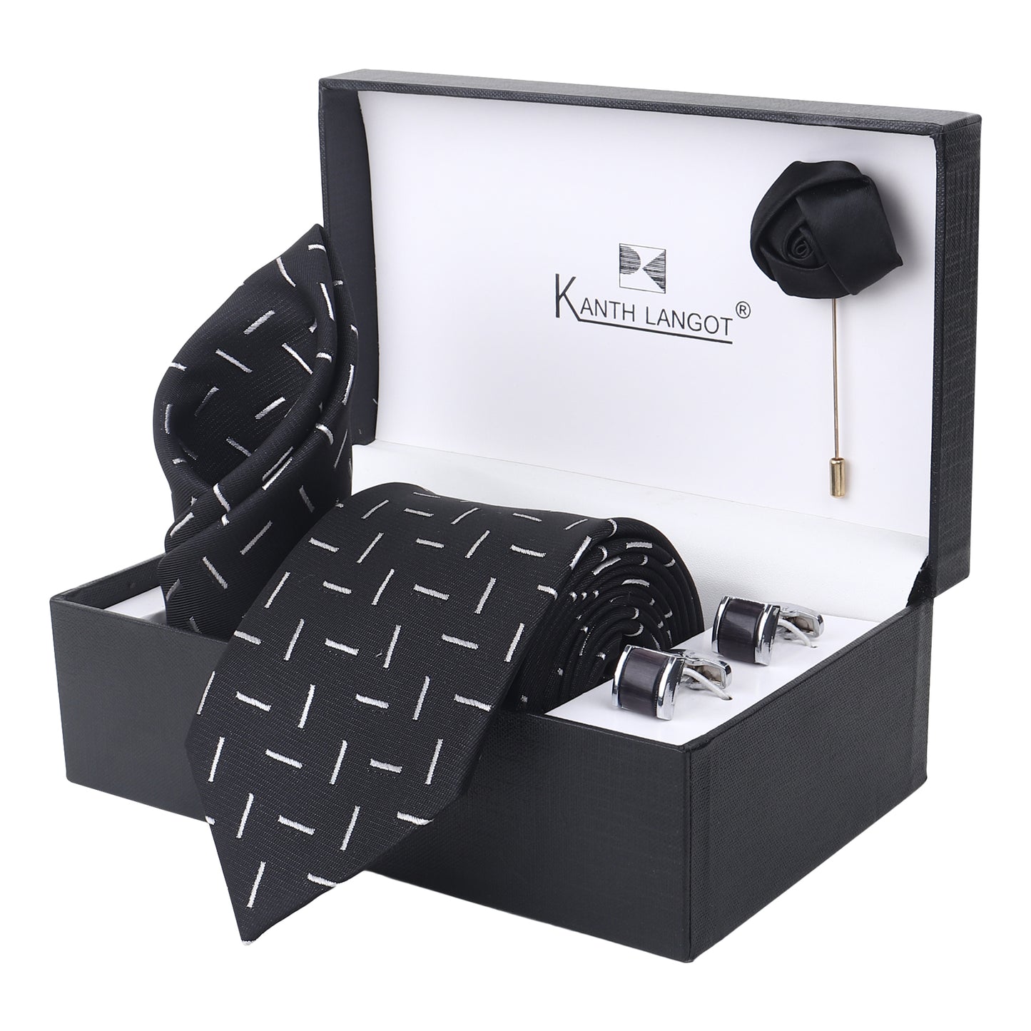 Kanthlangot Black Dash Pattern Tie with Pocket Square, Cufflinks & Lapel Pin – 4-Piece Gift Set