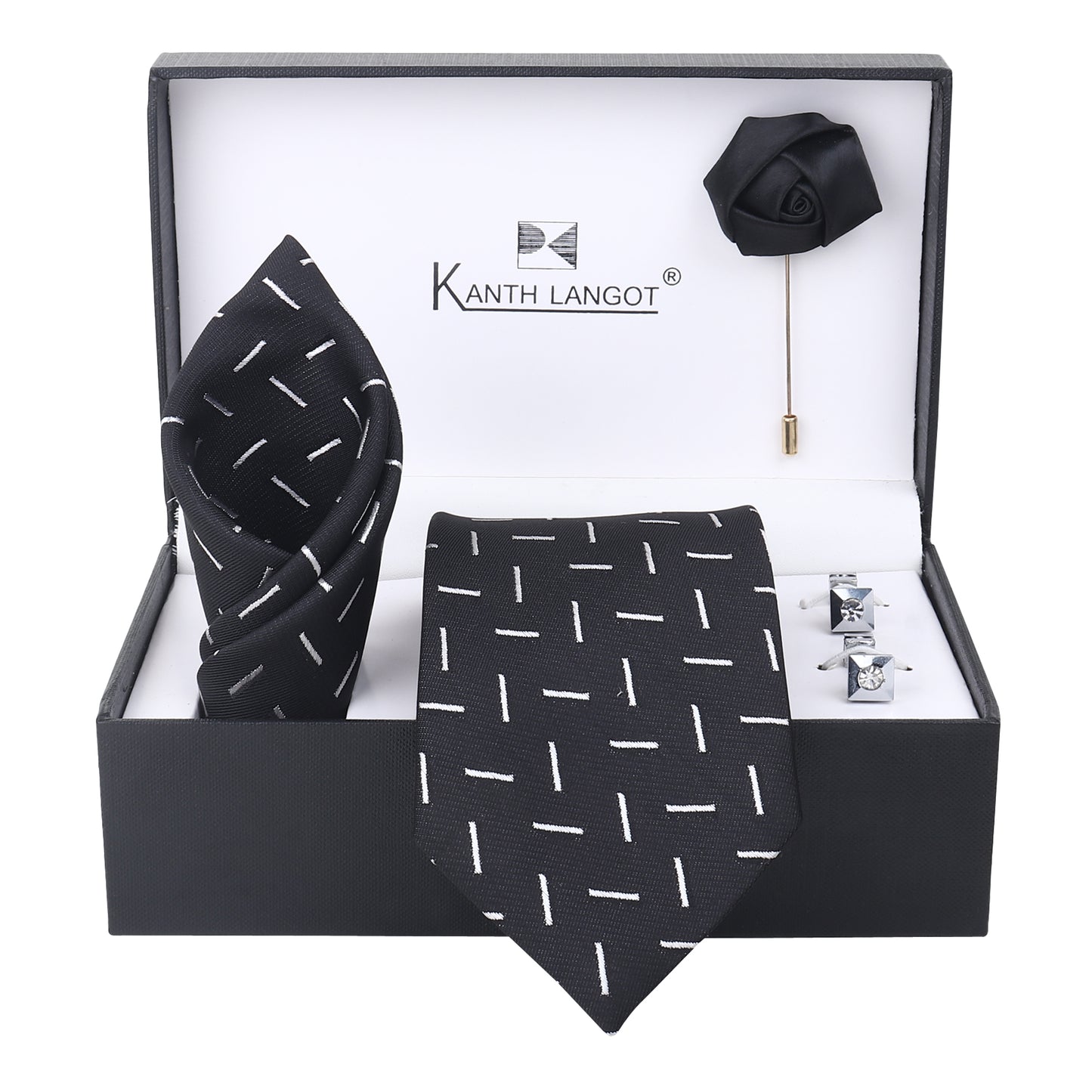 Kanthlangot Black Linear Stripe Tie with Pocket Square, Cufflinks & Lapel Pin – 4-Piece Gift Box Set