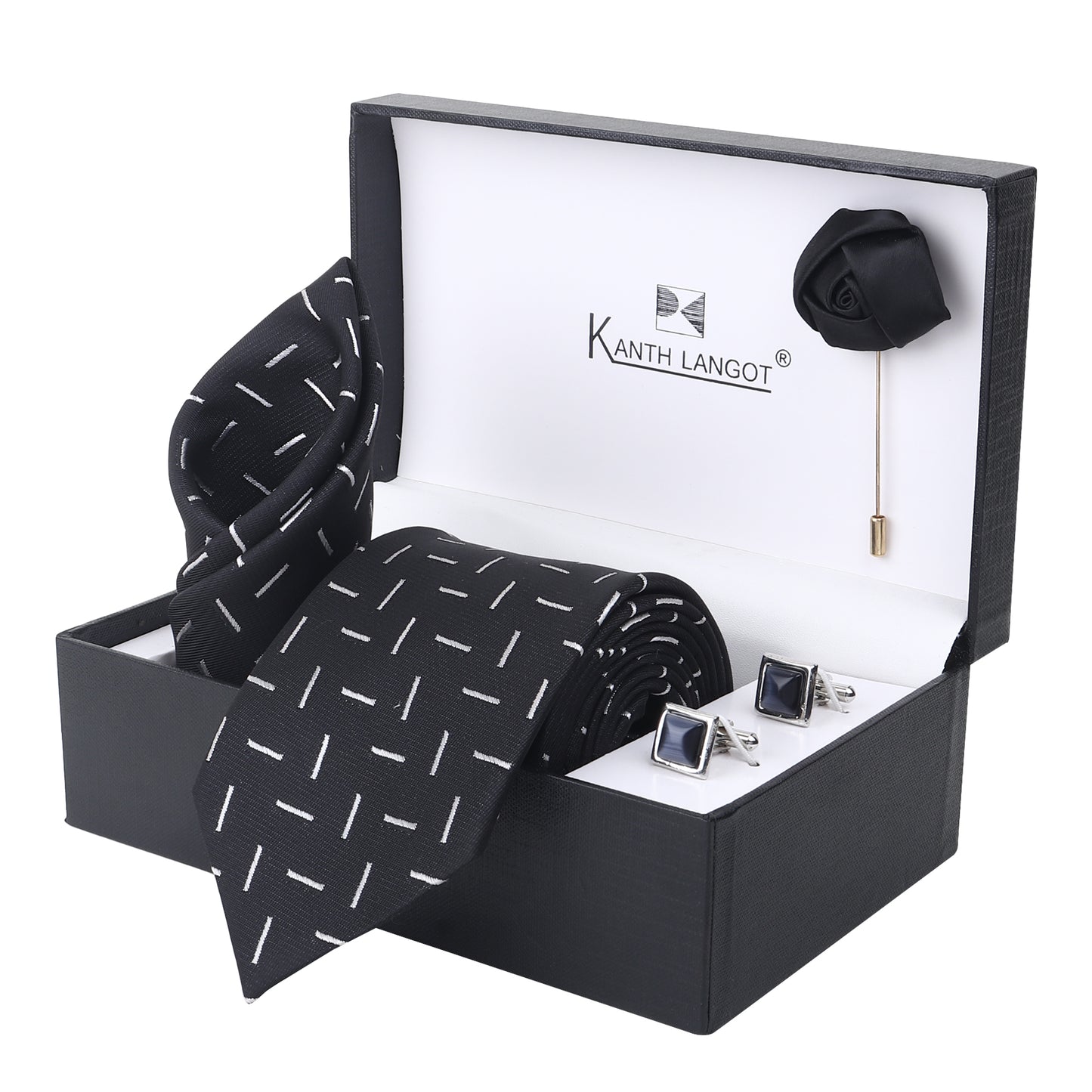 Kanthlangot Black Dash Pattern Tie with Pocket Square, Cufflinks & Lapel Pin – 4-in-1 Gift Set for Men