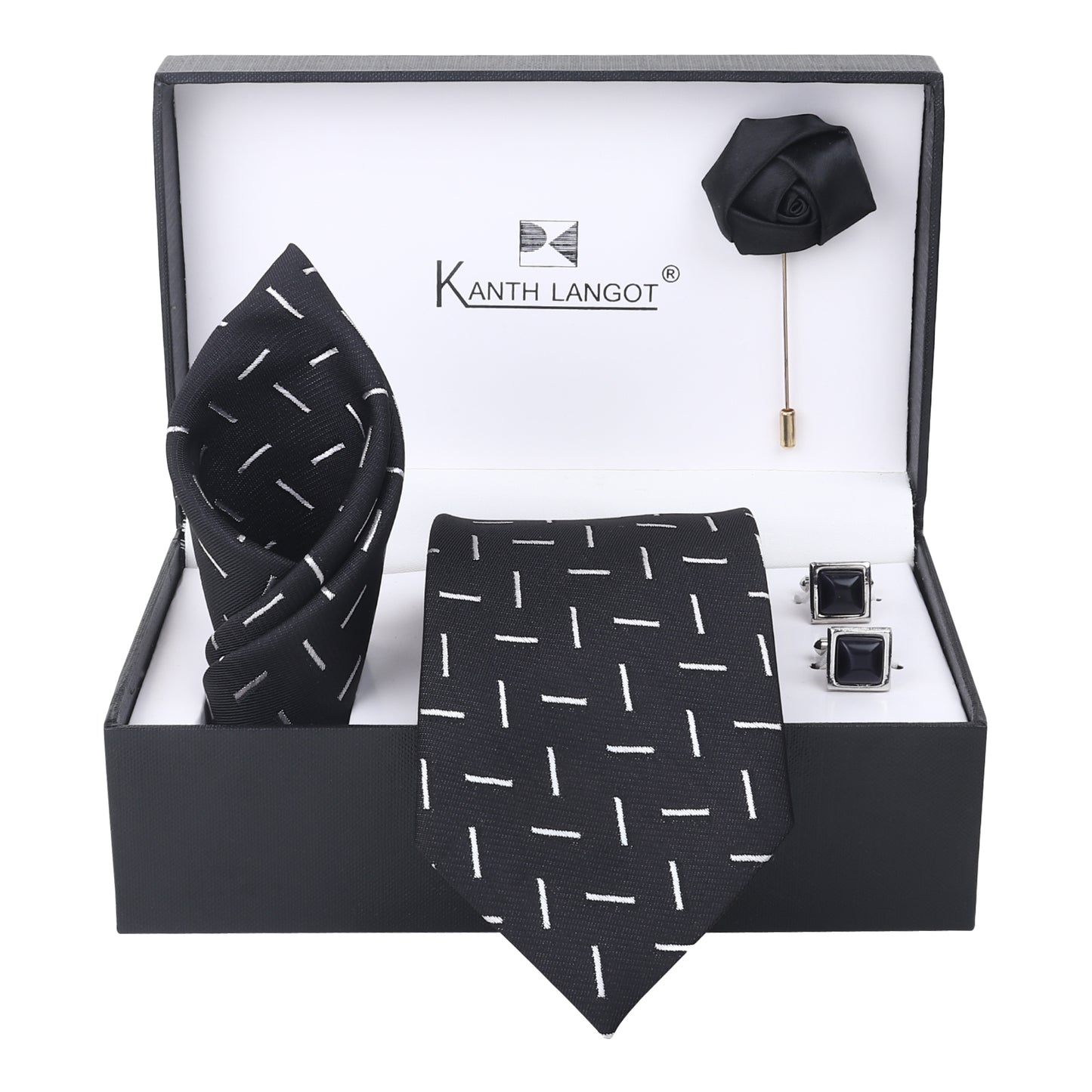 Kanthlangot Black & White Vertical Stripe Tie Set with Pocket Square, Cufflinks & Lapel Pin – Premium 4-in-1 Gift Box