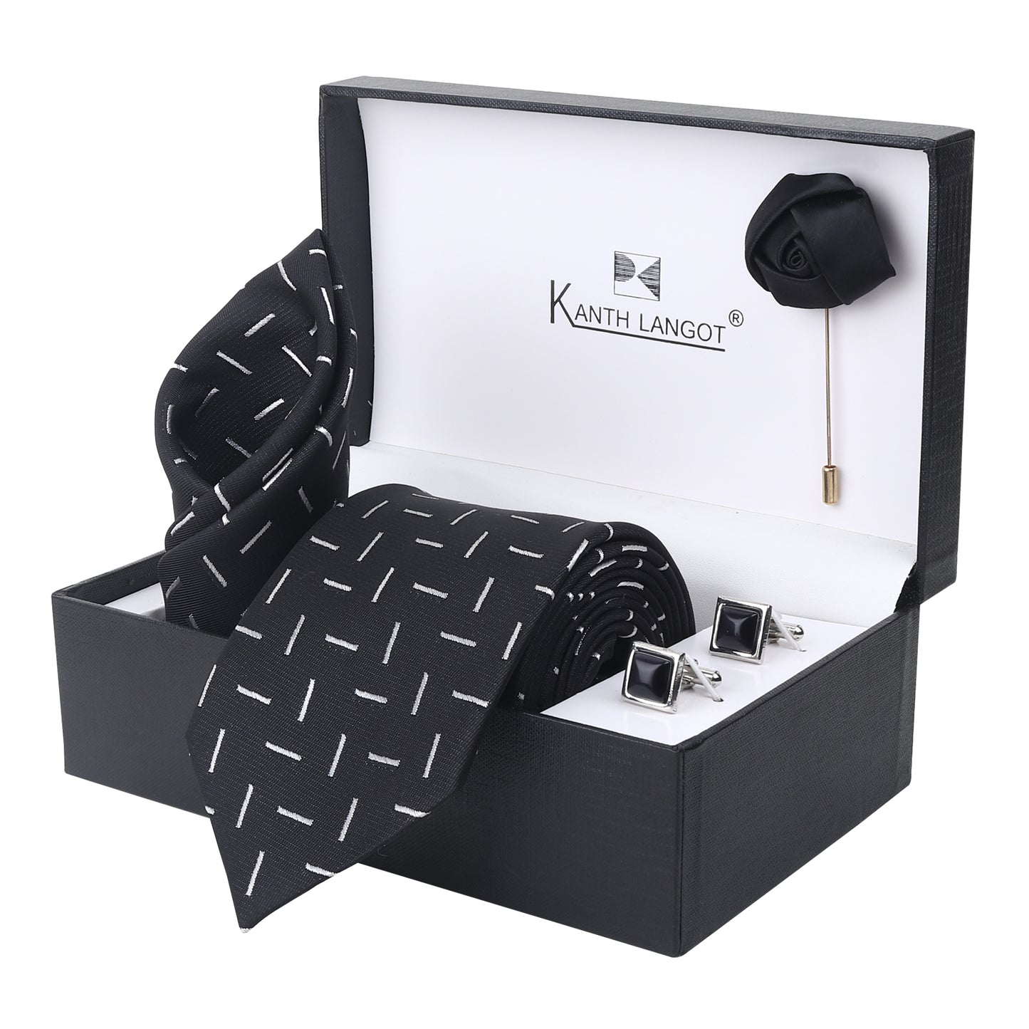 Kanthlangot Black & White Vertical Stripe Tie Set with Pocket Square, Cufflinks & Lapel Pin – Premium 4-in-1 Gift Box
