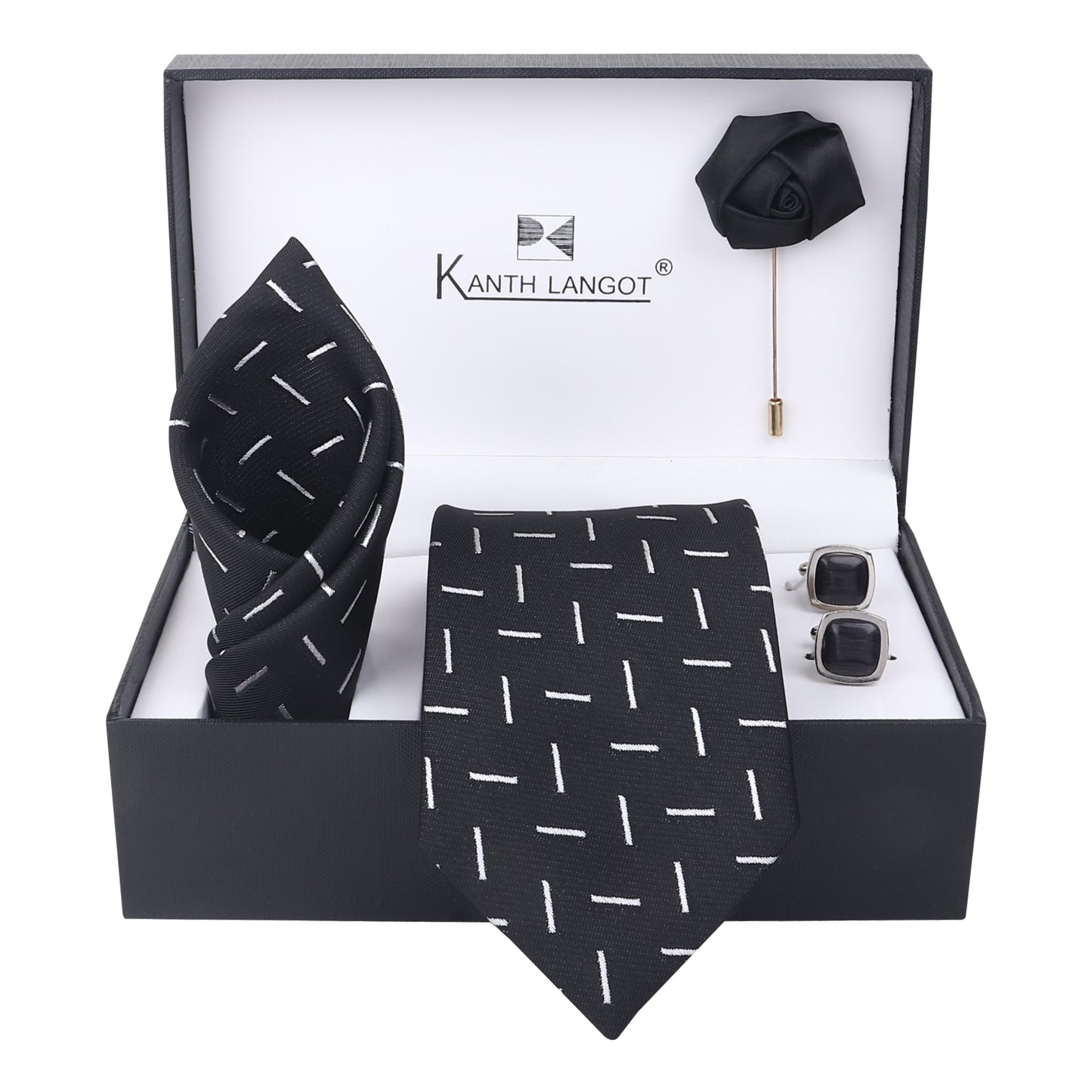 Kanthlangot Black Dash Line Tie Set with Pocket Square, Cufflinks & Lapel Pin – 4-in-1 Elegant Gift Box
