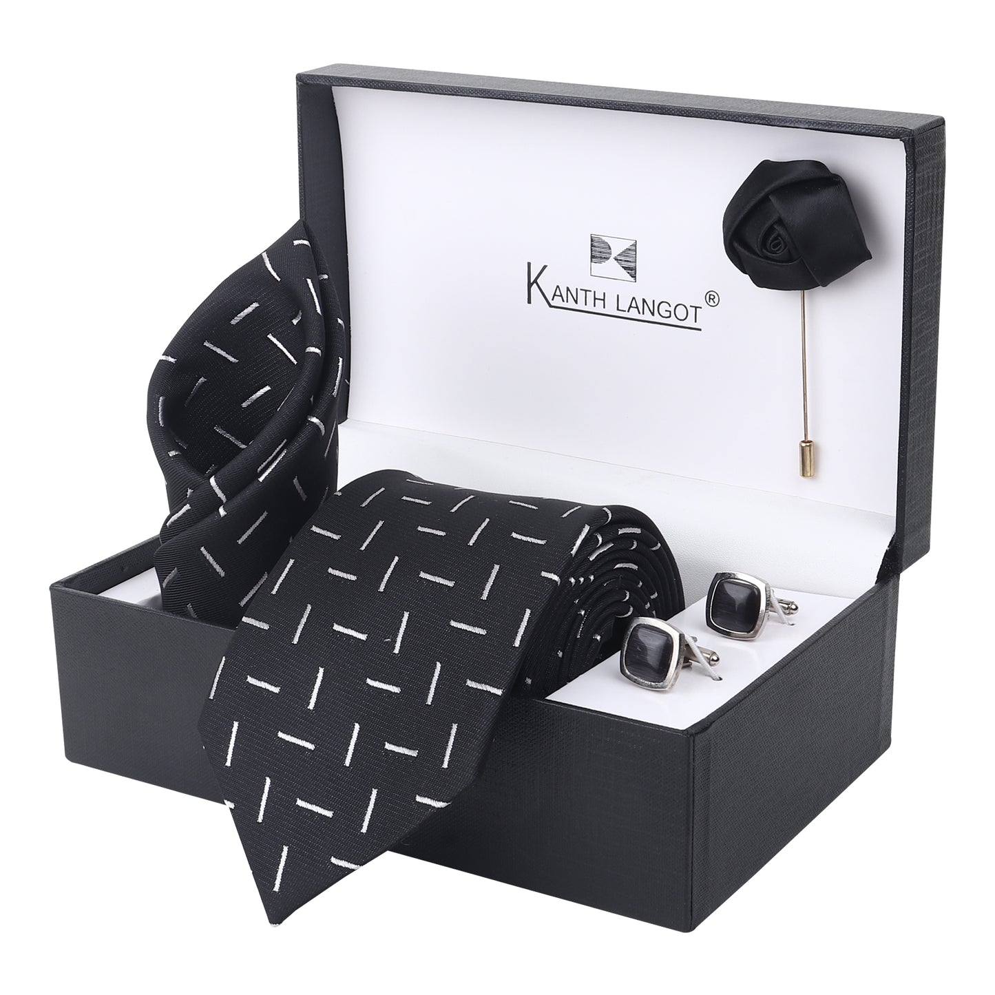 Kanthlangot Black Dash Line Tie Set with Pocket Square, Cufflinks & Lapel Pin – 4-in-1 Elegant Gift Box