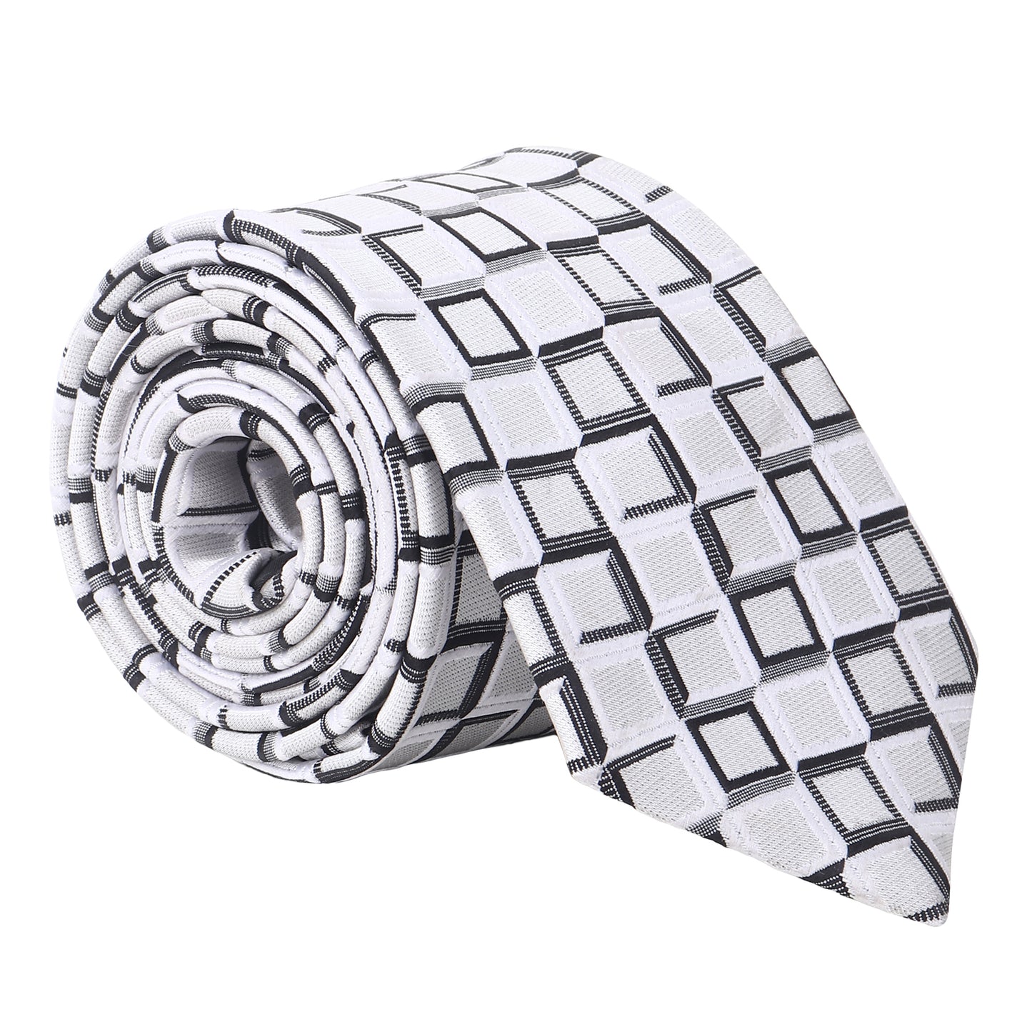 Kanthlangot Men’s Necktie – White & Black Geometric Pattern Tie