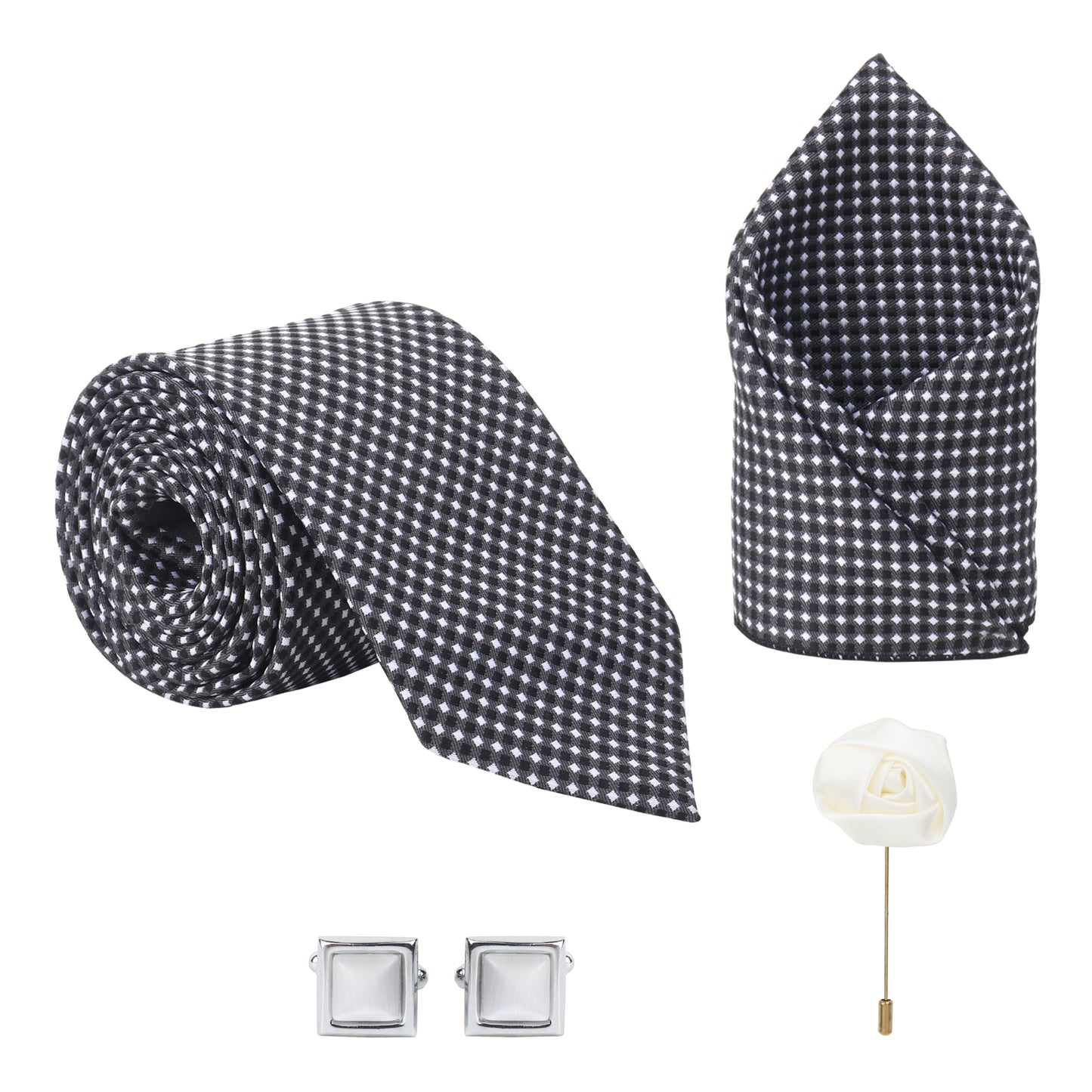 Kanthlangot Set of 4: Black & White Micro-Diamond Tie, Pocket Square, Silver Cufflinks & White Lapel Pin in Gift Box