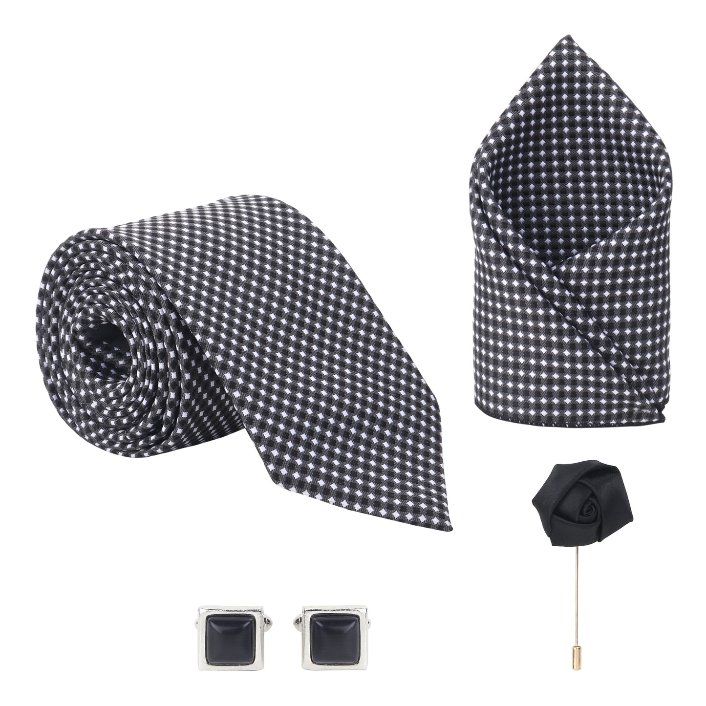 Kanthlangot Set of 4: Black Illusion Check Tie, Pocket Square, Black Square Cufflinks & Lapel Rose