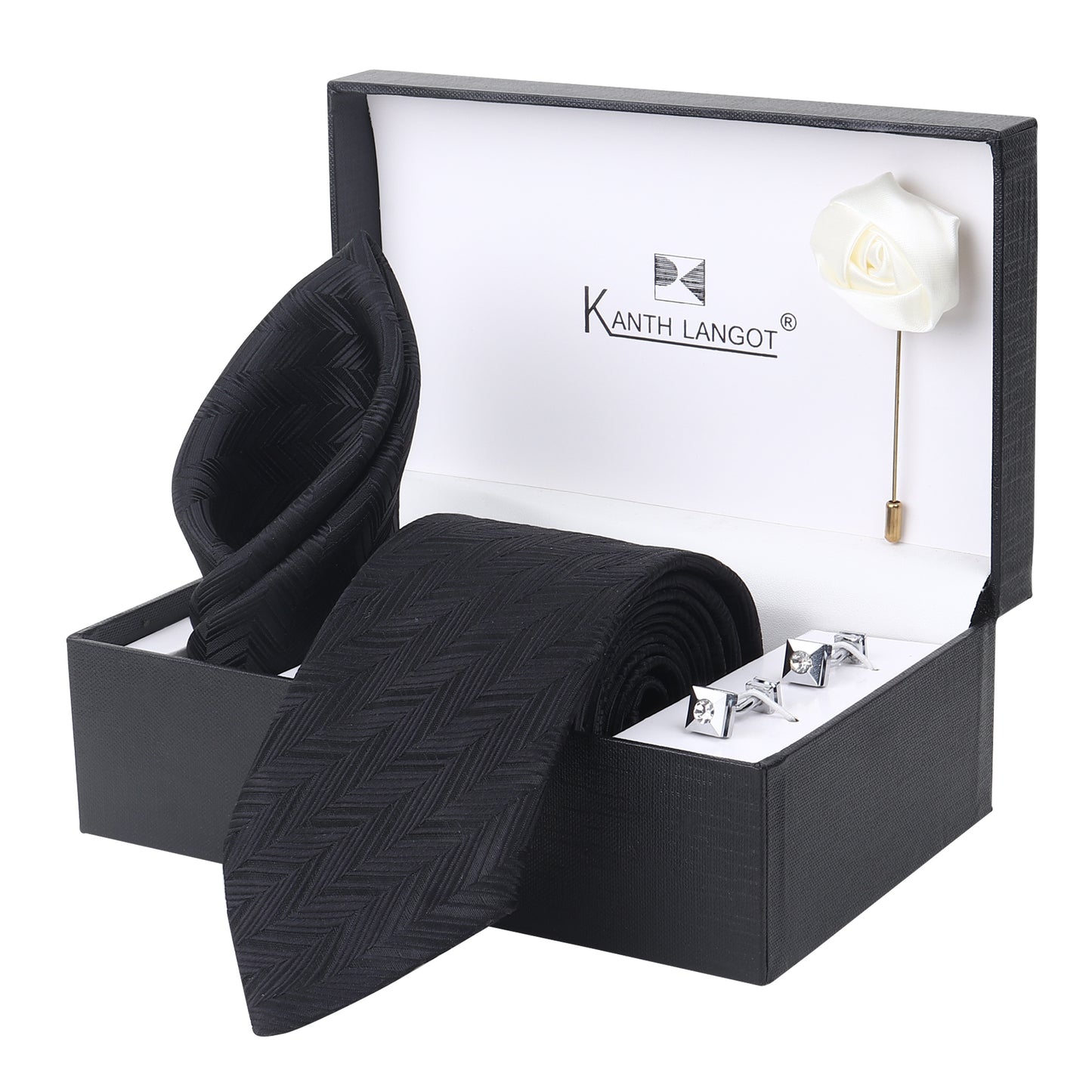 Kanthlangot Set of 4: Black Chevron Tie, Pocket Square, Crystal Cufflinks & White Lapel Pin in Gift Box