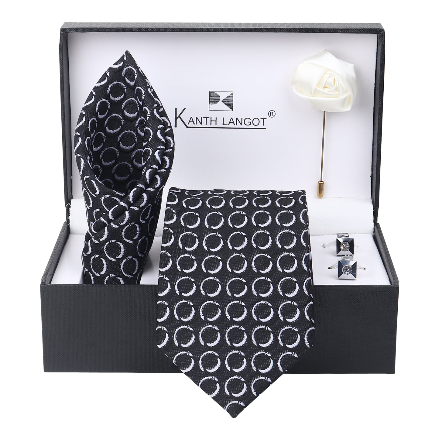 Kanthlangot Set of 4: Black & White Circle Tie with Pocket Square, Silver Cufflinks & White Lapel Pin in Gift Box