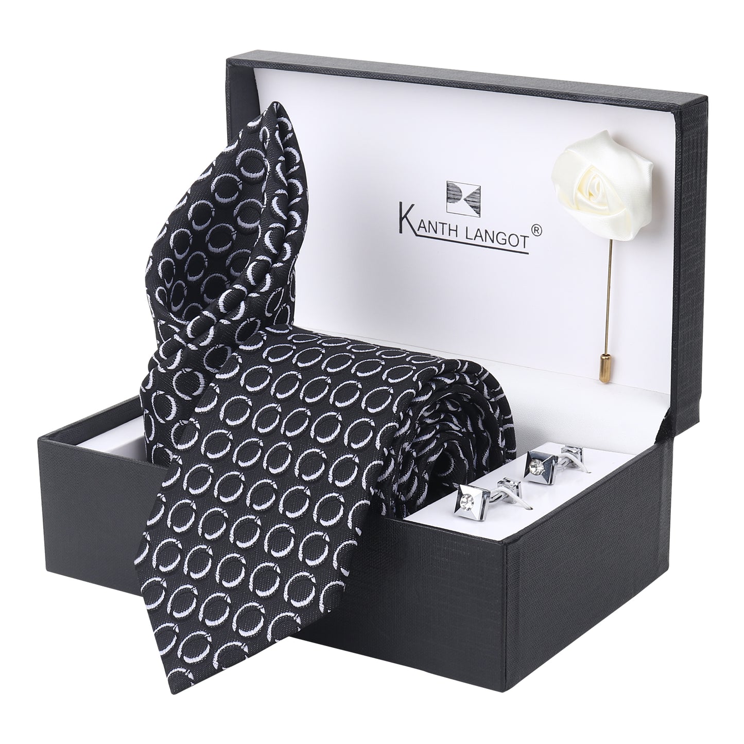 Kanthlangot Set of 4: Black & White Circle Tie with Pocket Square, Silver Cufflinks & White Lapel Pin in Gift Box
