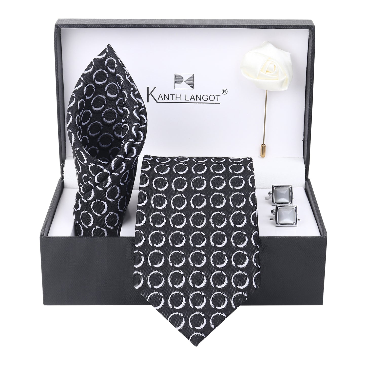 Kanthlangot Set of 4: Black Tie with White Circle Pattern, Pocket Square, Silver Cufflinks & White Lapel Pin