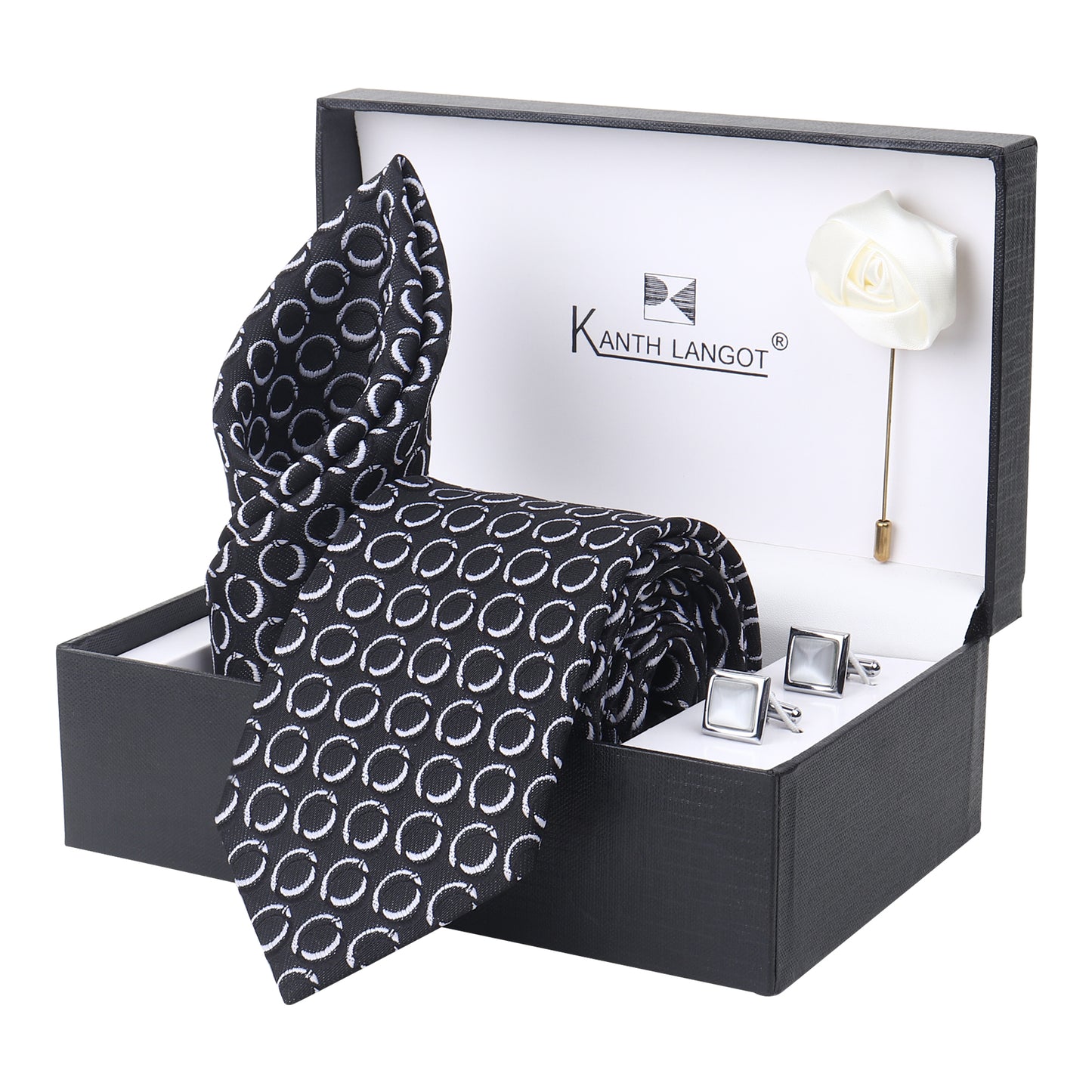 Kanthlangot Set of 4: Black Tie with White Circle Pattern, Pocket Square, Silver Cufflinks & White Lapel Pin