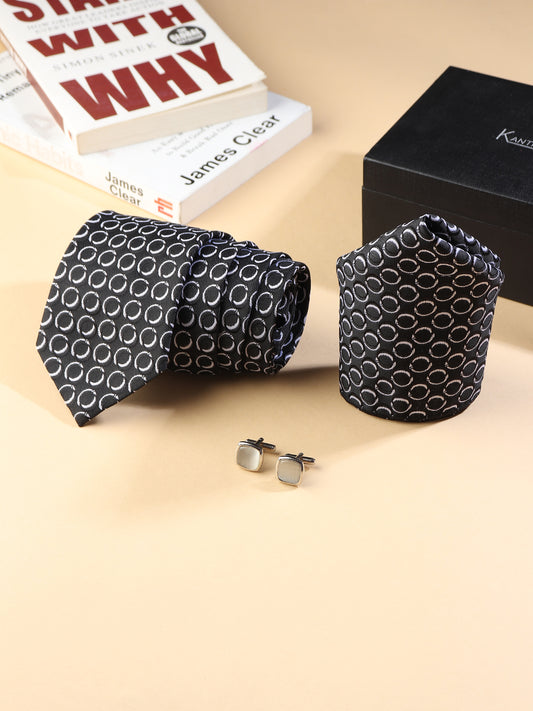 Kanthlangot Men’s 3-Piece Formal Set – Black Circle Pattern Tie, Pocket Square & Cufflinks (3-Inch Necktie)