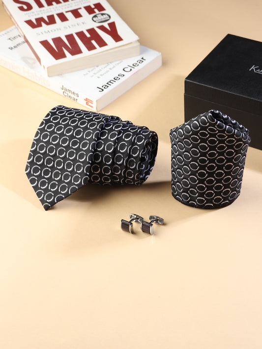Kanthlangot Men’s 3-Piece Formal Set – Black Circle Tie, Pocket Square & Black-Tone Cufflinks (3-Inch Necktie)