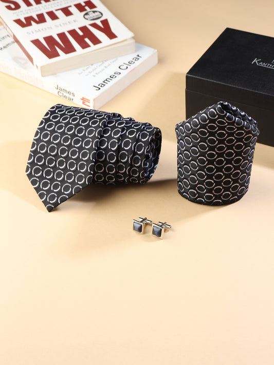 Kanthlangot Men’s 3-Piece Formal Set – Black Circle Tie, Pocket Square & Grey Stone Cufflinks (3-Inch Necktie)