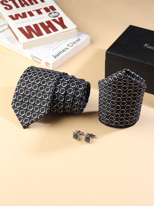 Kanthlangot Men’s 3-Piece Formal Set – Black Circle Tie, Pocket Square & Dark Grey Cufflinks (3-Inch Necktie)