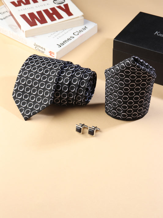 Kanthlangot Men’s 3-Piece Formal Set – Black Circle Tie, Pocket Square & Black Cufflinks (3-Inch Necktie)