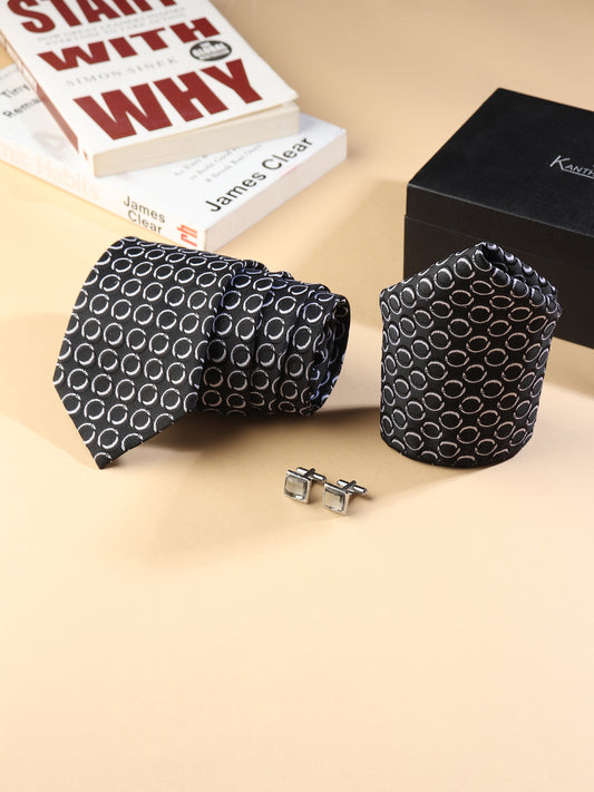 Kanthlangot Men’s 3-Piece Formal Set – Black Circle Tie, Pocket Square & Light Silver Cufflinks (3-Inch Necktie)