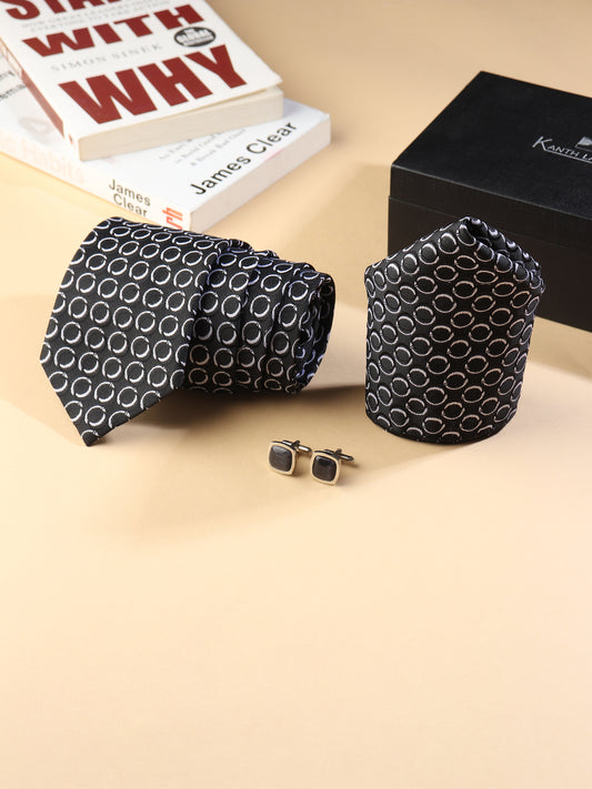 Kanthlangot Men’s 3-Piece Set – Black Circle Tie, Pocket Square & Silver Round Cufflinks (3-Inch Necktie)