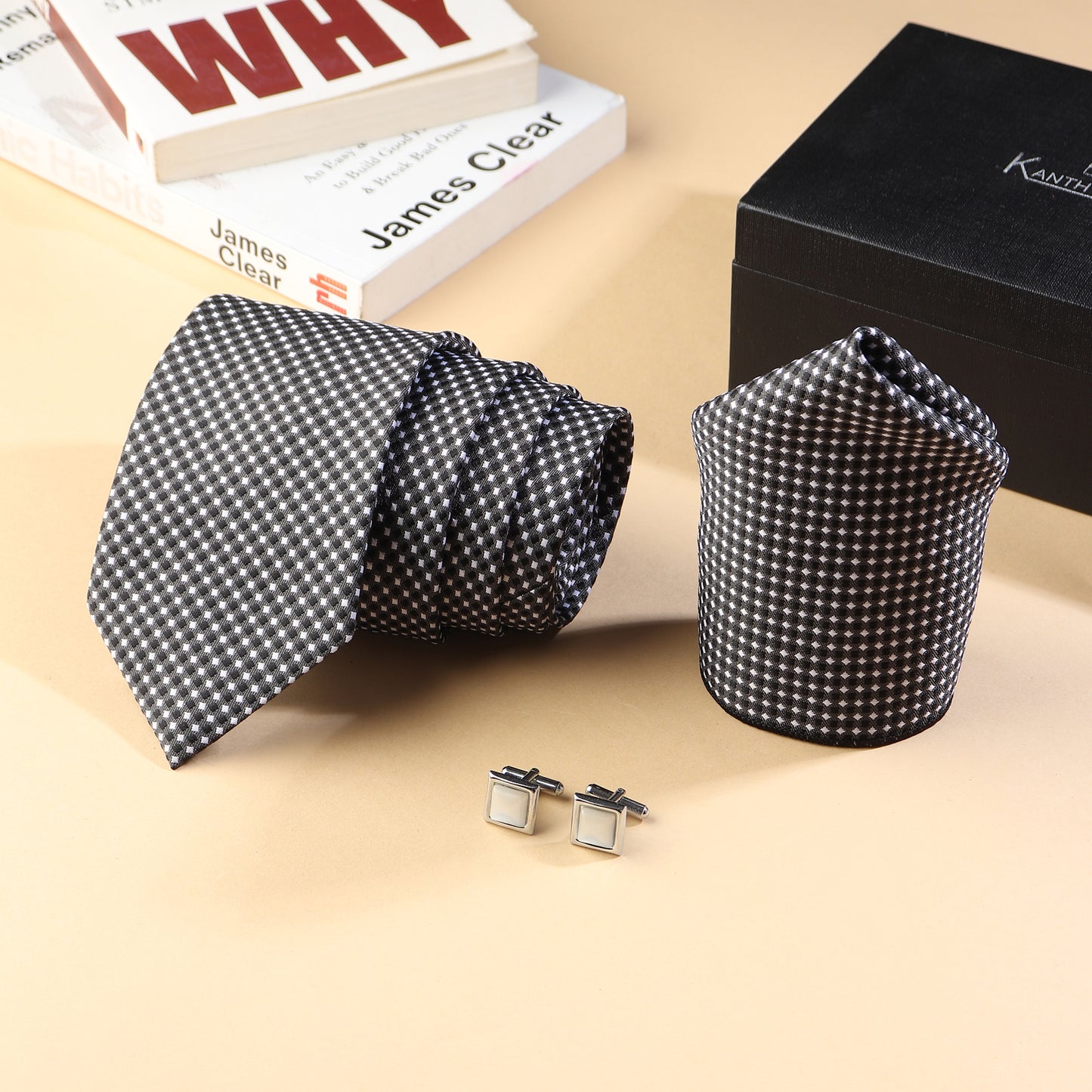 Kanthlangot Men’s 3-Piece Formal Set – Black Micro-Check Tie, Pocket Square & Light Silver Cufflinks (3-Inch Necktie)