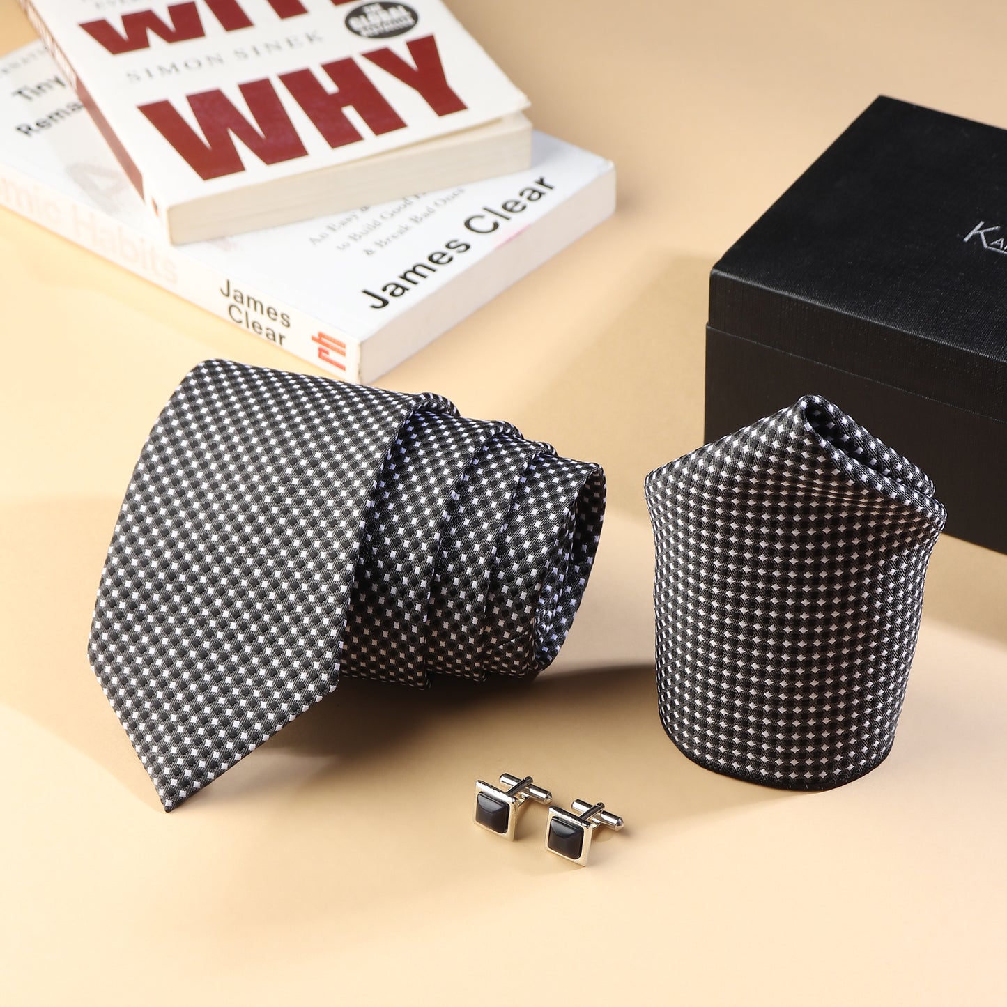 Kanthlangot Men’s 3-Piece Formal Set – Black Micro-Check Tie, Pocket Square & Premium Black Stone Cufflinks (3-Inch Necktie)