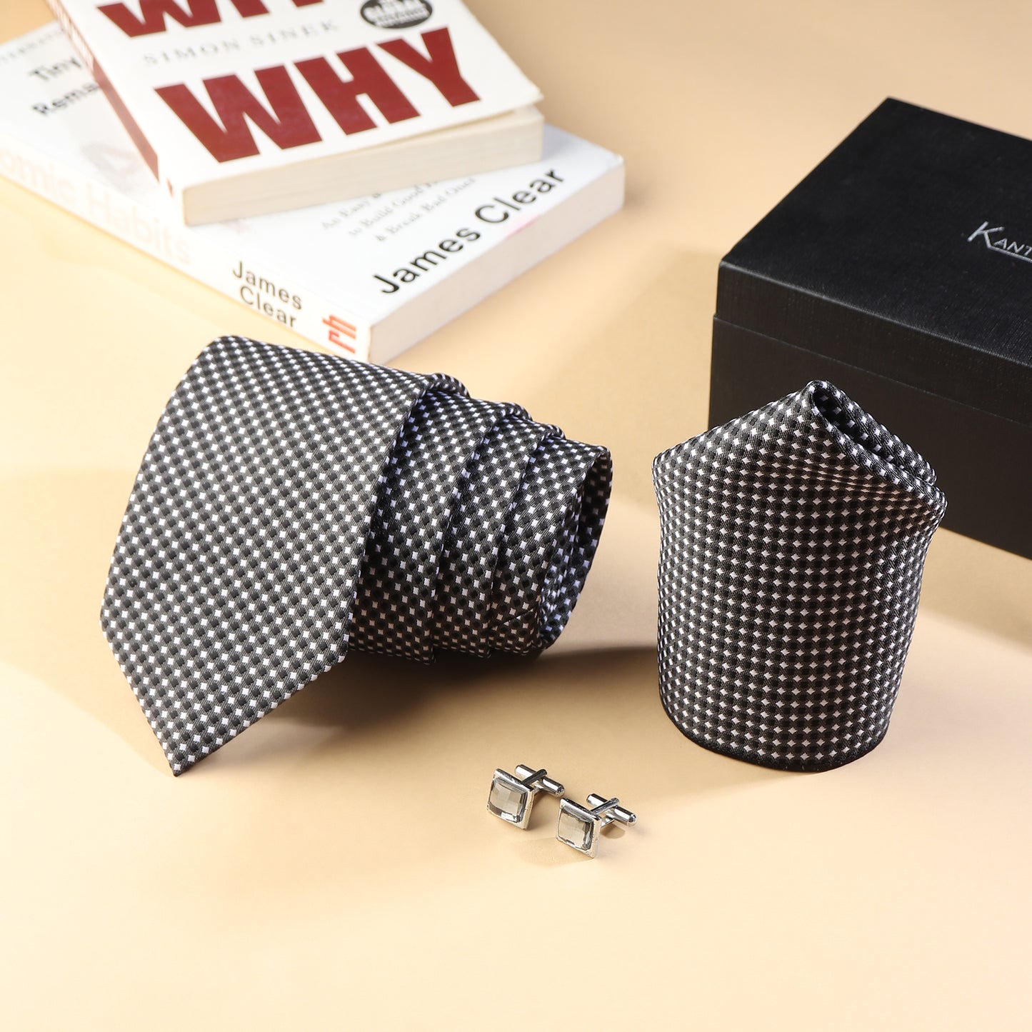 Kanthlangot Men’s 3-Piece Formal Set – Black Micro-Check Tie, Pocket Square & Silver Crystal Cufflinks (3-Inch Necktie)