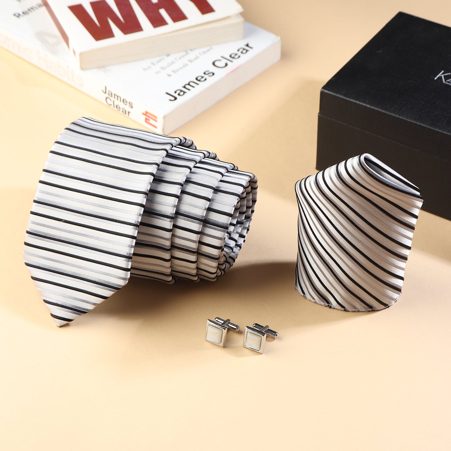 Kanthlangot Men’s 3-Piece Formal Set – White Grey Black Striped Tie, Pocket Square & Light Silver Cufflinks (3-Inch Necktie)