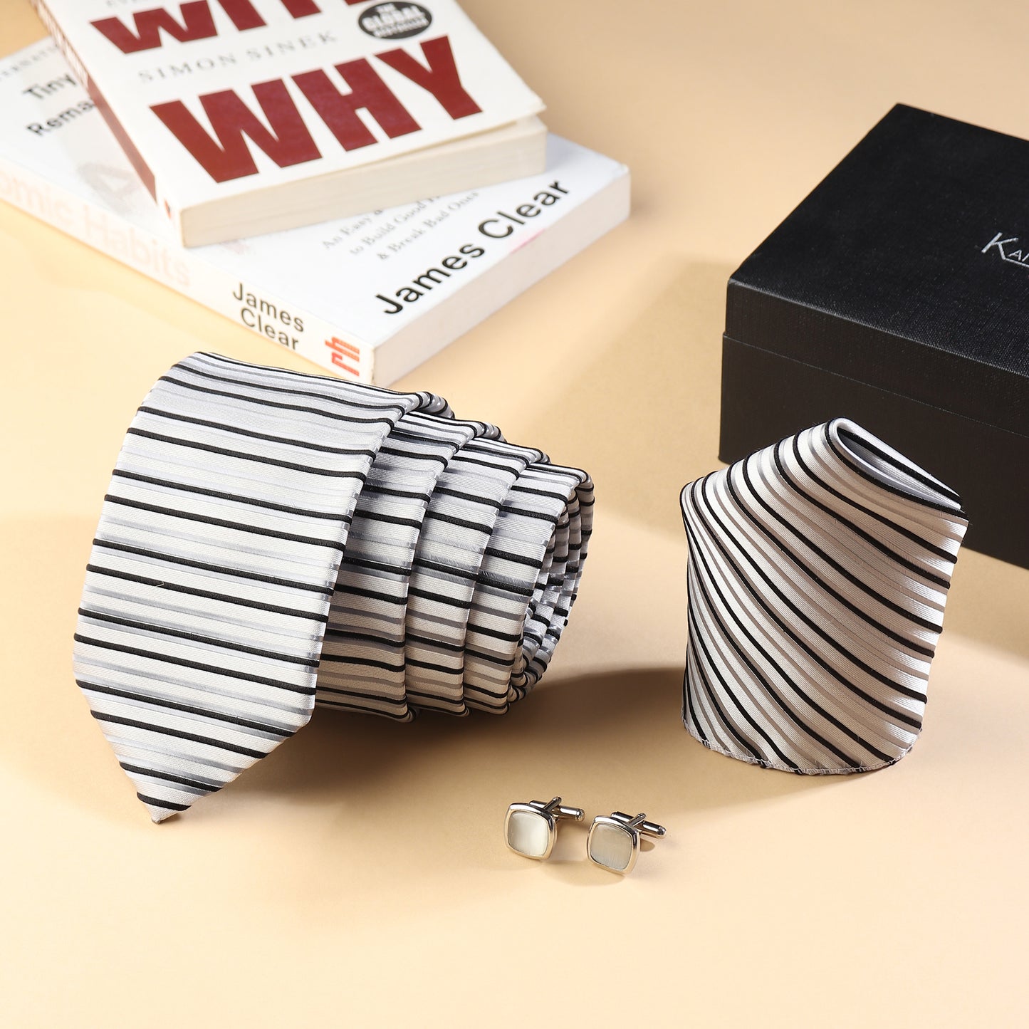 Kanthlangot men’s striped tie set with pocket square & silver crystal cufflinks. Ideal for weddings, corporate events, and sophisticated gifting.