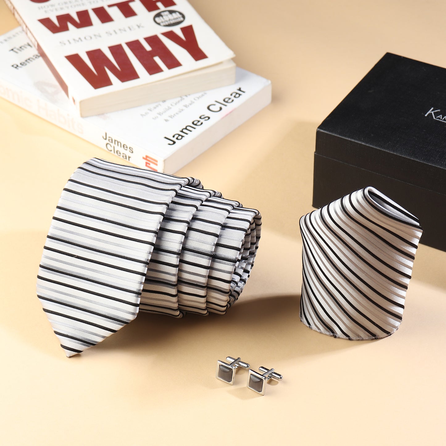 Kanthlangot Men’s 3-Piece Formal Set – Striped Tie, Pocket Square & Black Stone Silver Cufflinks (3-Inch Necktie)