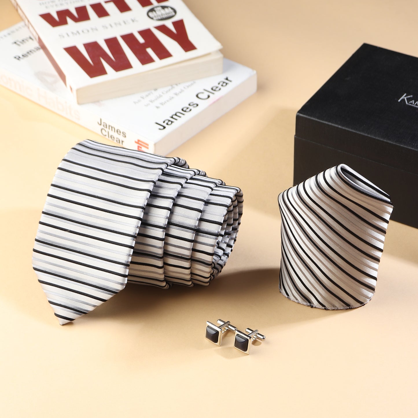 Kanthlangot Men’s 3-Piece Formal Set – Striped Tie, Pocket Square & Black Stone Silver Cufflinks (3-Inch Necktie)