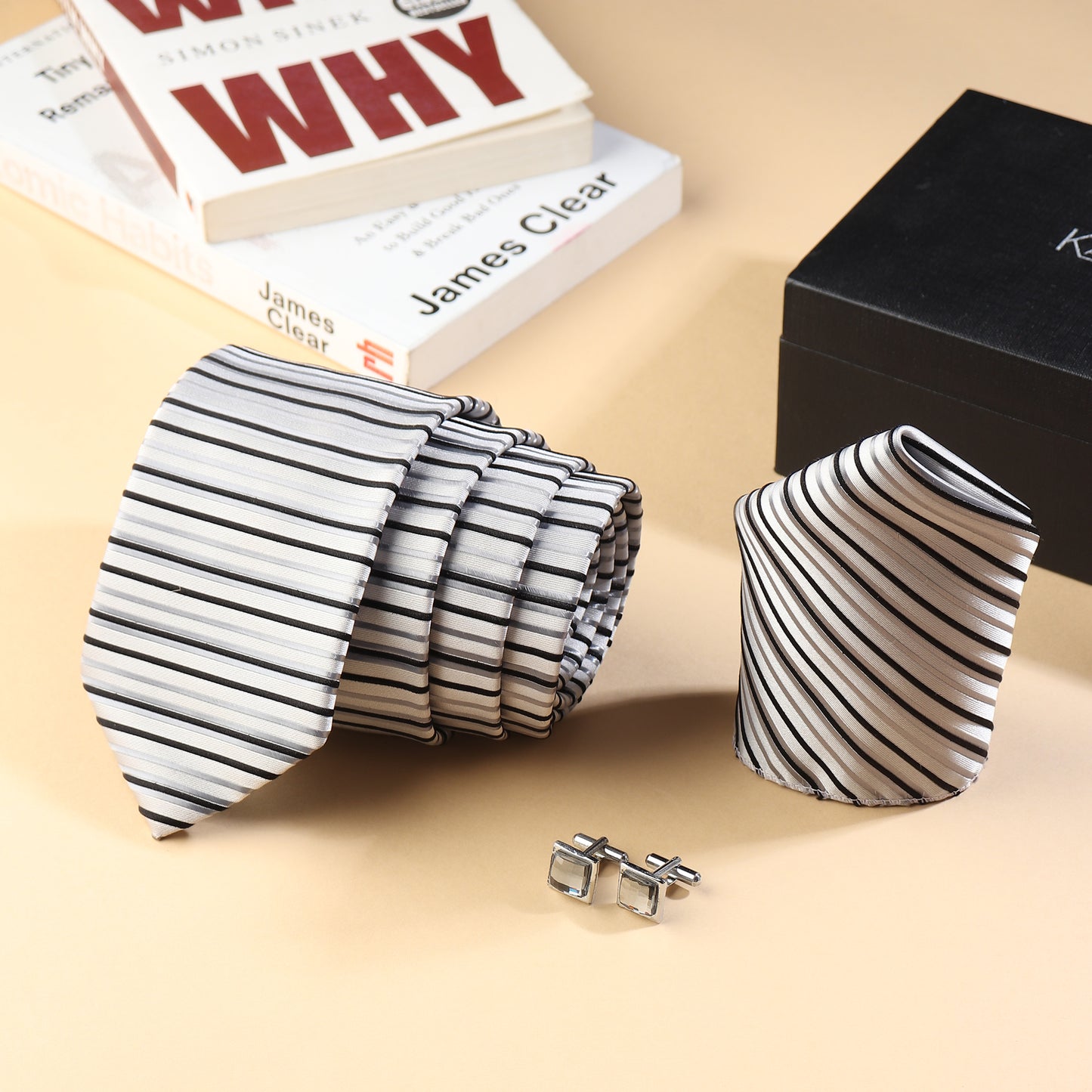 Kanthlangot Men’s 3-Piece Formal Set – Striped Tie, Pocket Square & Silver Crystal Cufflinks (3-Inch Necktie)