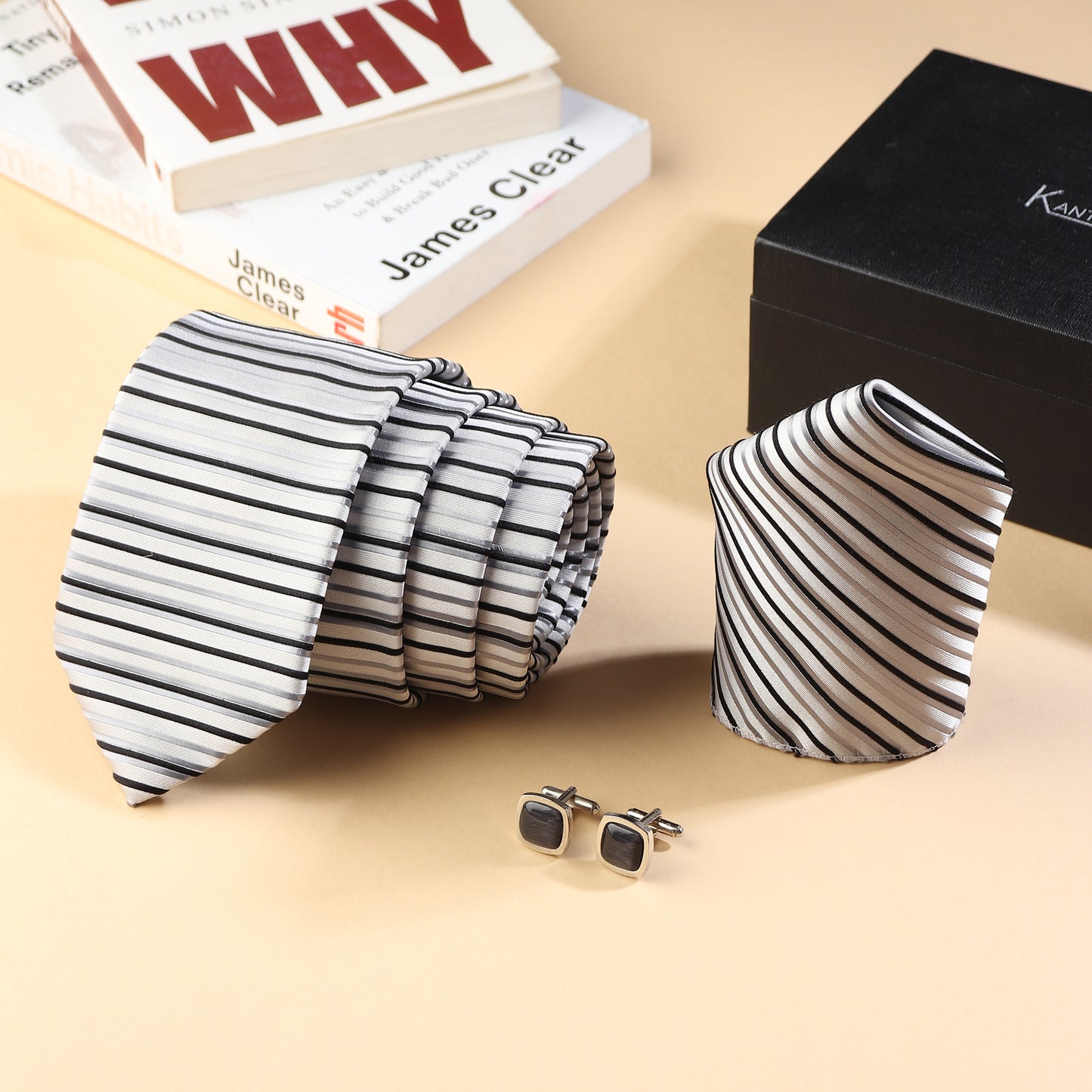 Kanthlangot Men’s Formal Set – White Grey Black Striped Tie, Pocket Square & Black Stone Cufflinks (3-Inch Necktie)