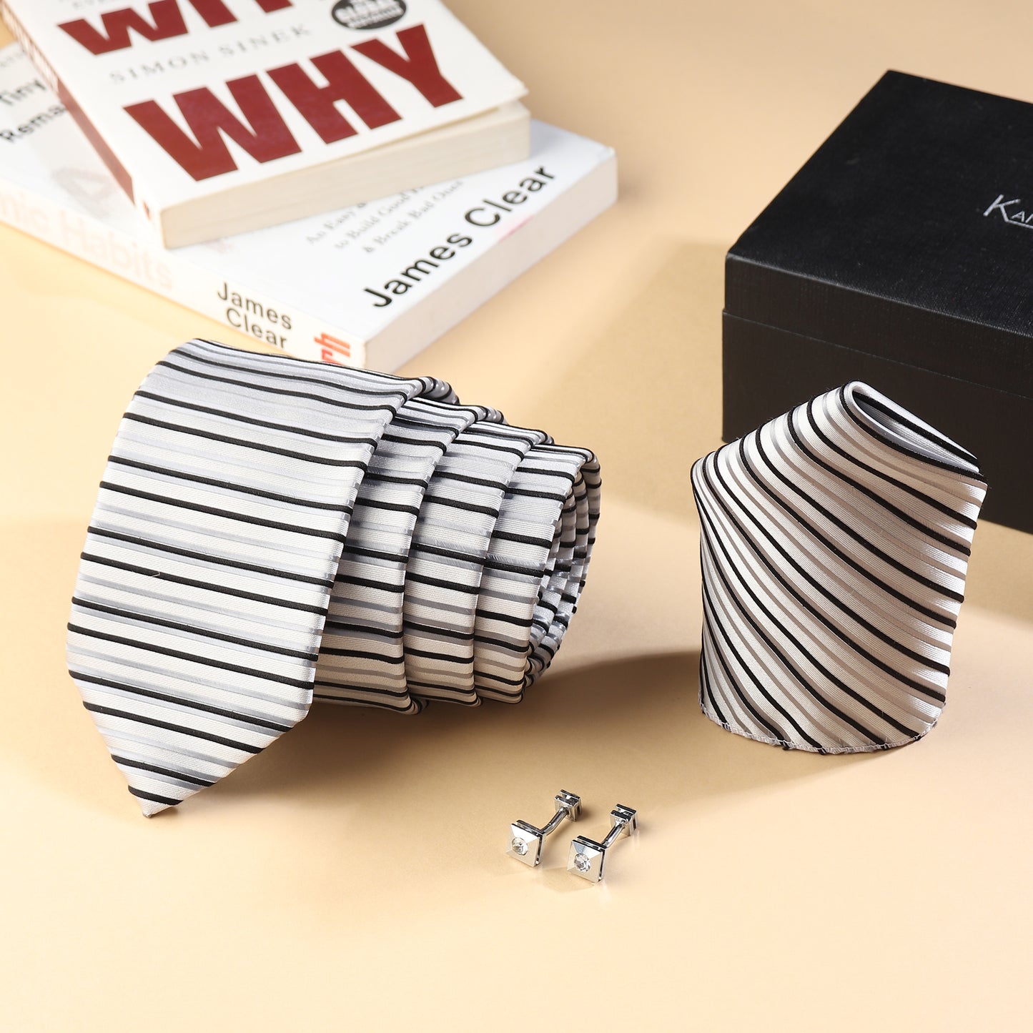 Kanthlangot men’s striped tie set with matching pocket square & silver cufflinks with black stone. Perfect for weddings, office, and elegant gifting.