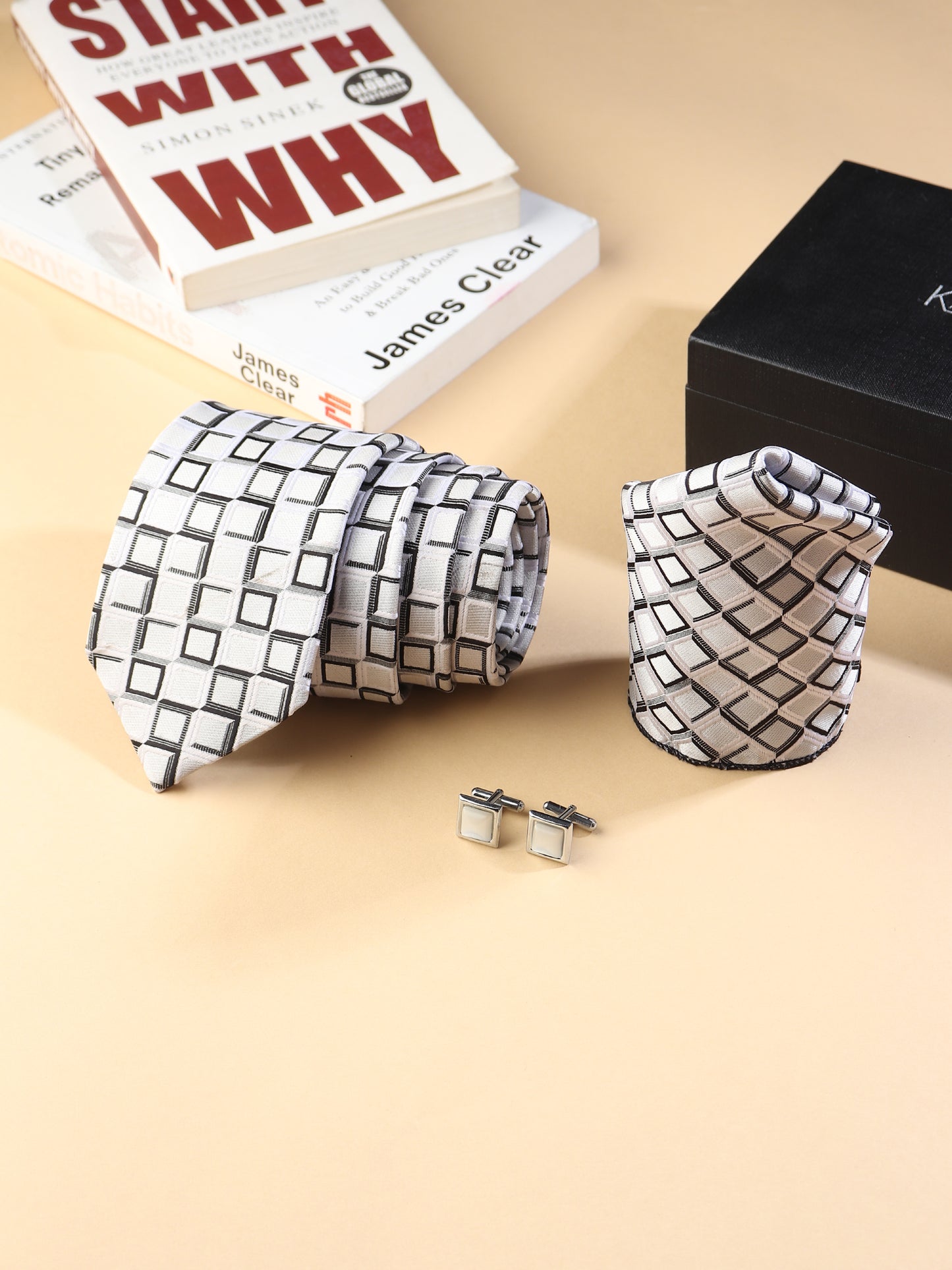 Kanthlangot Men’s 3-Piece Formal Set – Geometric Tie, Pocket Square & White Stone Cufflinks (3-Inch Necktie)