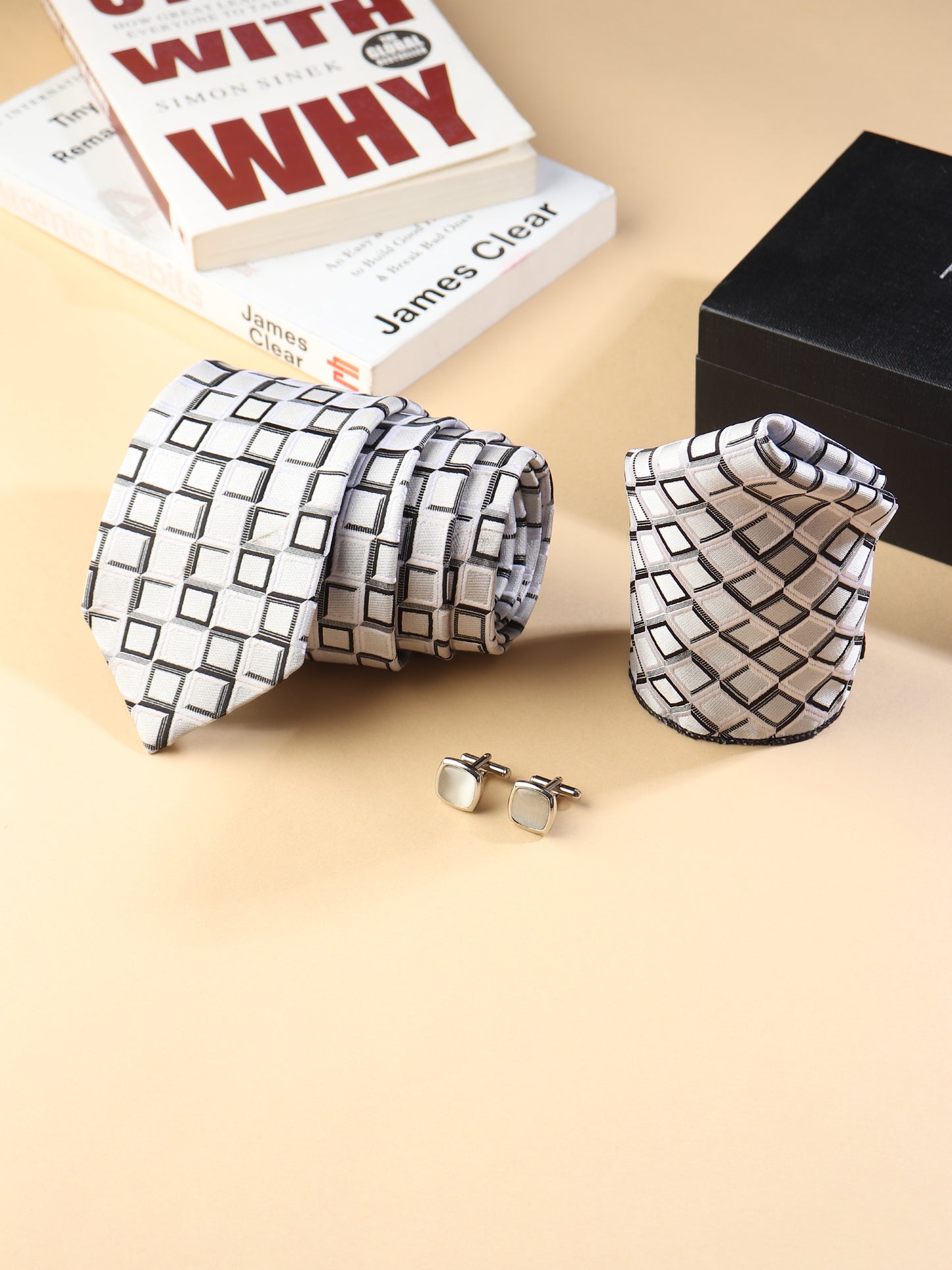 Kanthlangot Men’s 3-Piece Formal Set – Geometric Tie, Pocket Square & Light Silver Cufflinks (3-Inch Necktie)