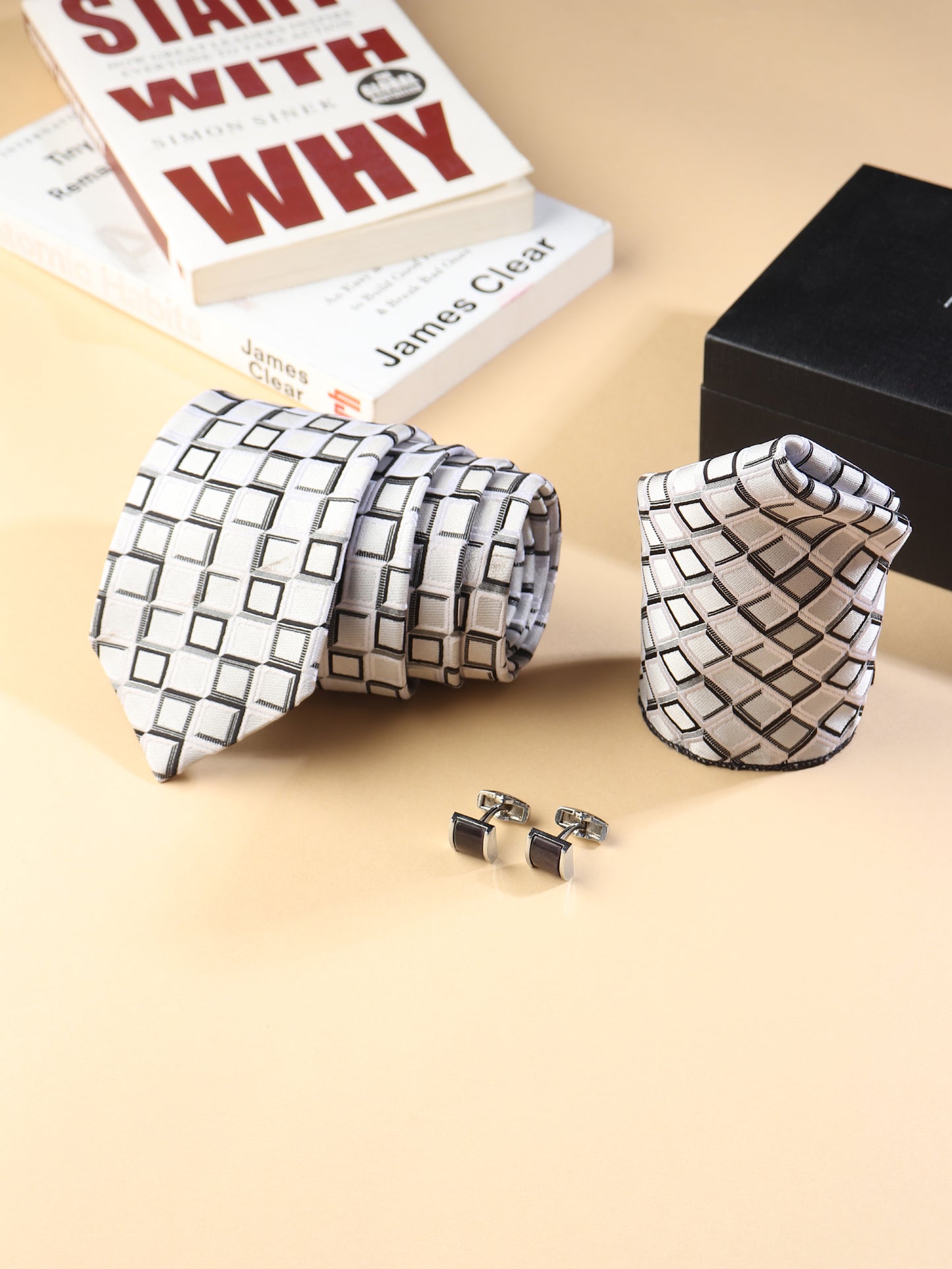 Kanthlangot Men’s 3-Piece Formal Set – Geometric Square Tie, Pocket Square & Black Stone Cufflinks (3-Inch Necktie)