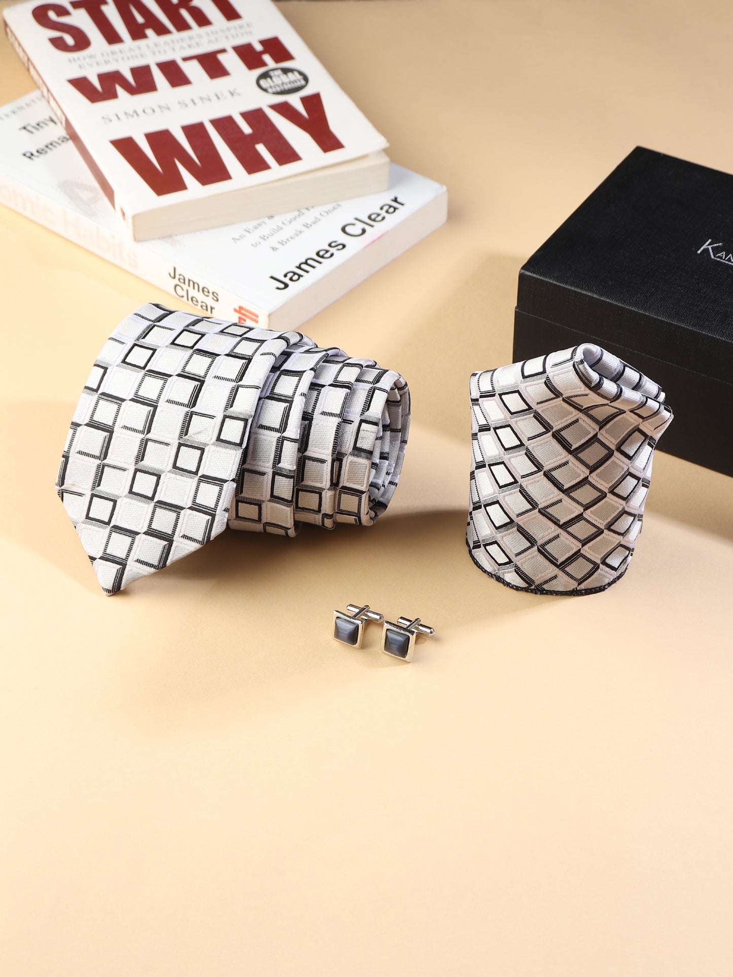 Kanthlangot Men’s 3-Piece Formal Set – Geometric Square Tie, Pocket Square & Black Stone Cufflinks (3-Inch Necktie)