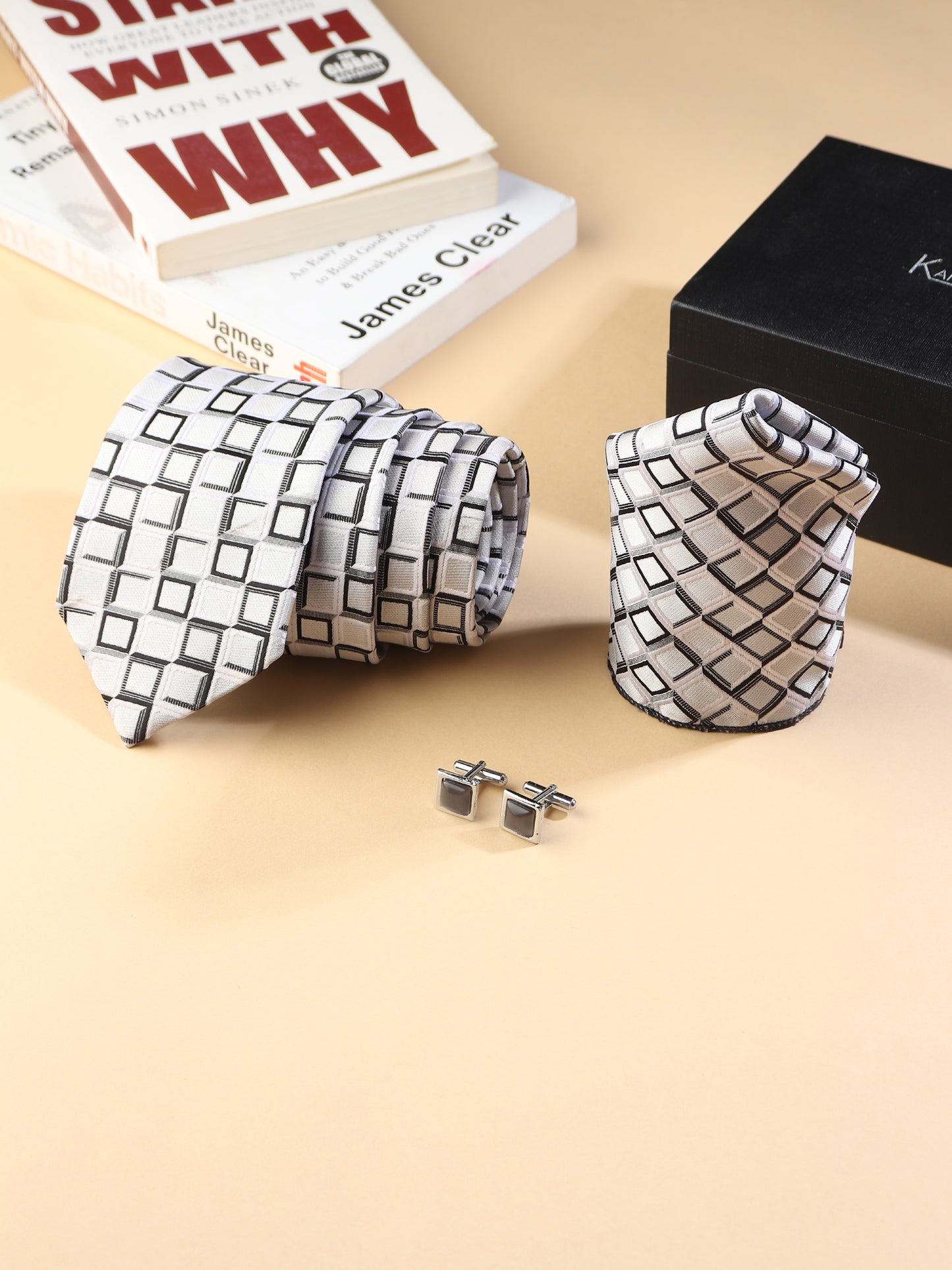 Kanthlangot Men’s 3-Piece Formal Set – Geometric Square Tie, Pocket Square & Black Stone Cufflinks (3-Inch Necktie)