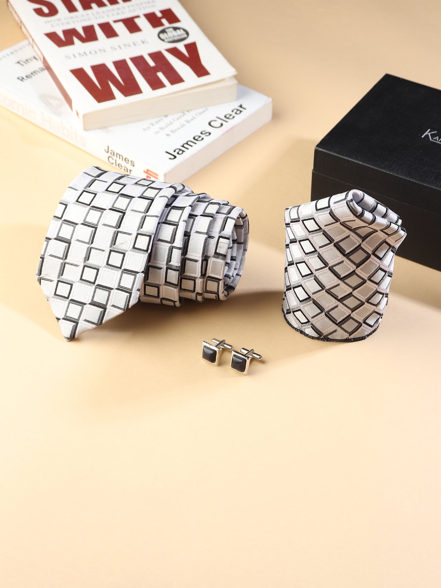 Kanthlangot geometric tie set with pocket square & black stone cufflinks. Stylish, premium set perfect for weddings, business, and gifting.