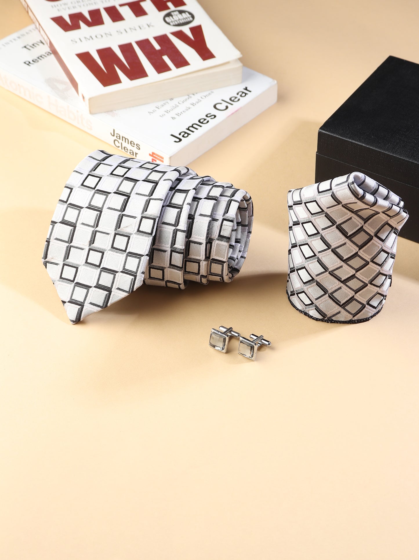 Kanthlangot Men’s 3-Piece Formal Set – Geometric Square Tie, Pocket Square & Light Stone Cufflinks (3-Inch Necktie)