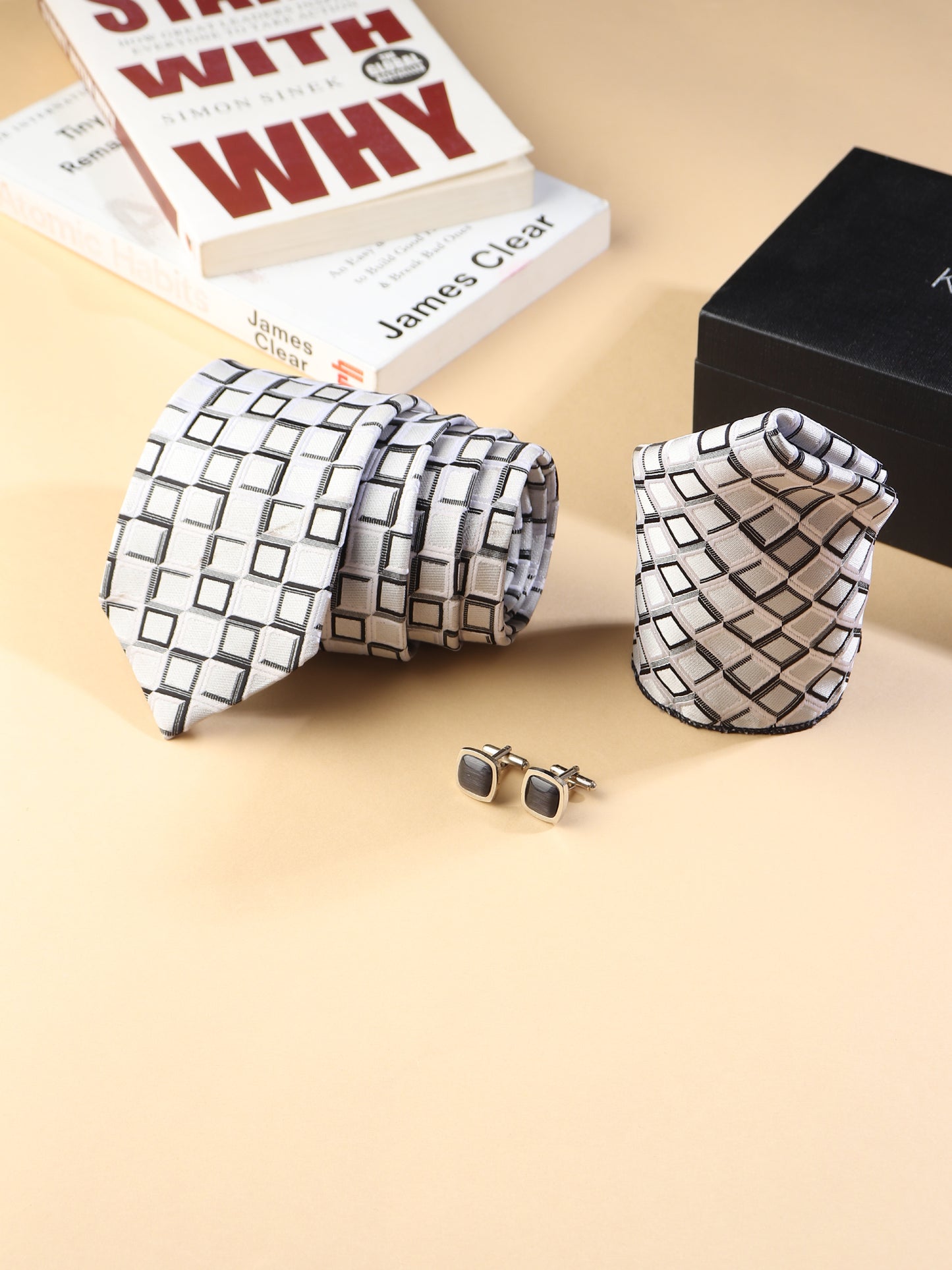 Kanthlangot Men’s 3-Piece Formal Set – Geometric Square Tie, Pocket Square & Black Stone Cufflinks (3-Inch Necktie)
